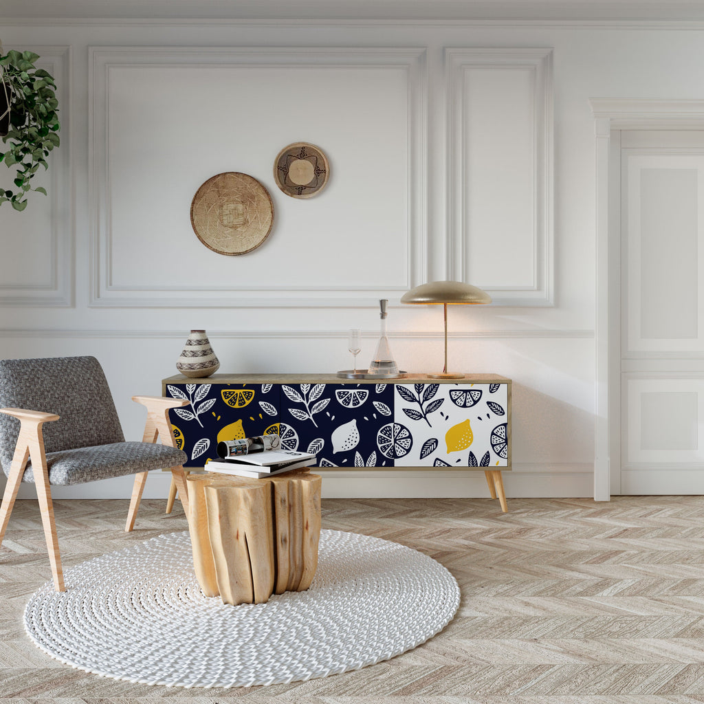 Meuble TV 3 portes CITRUS NOIR ET BLANC effet chêne