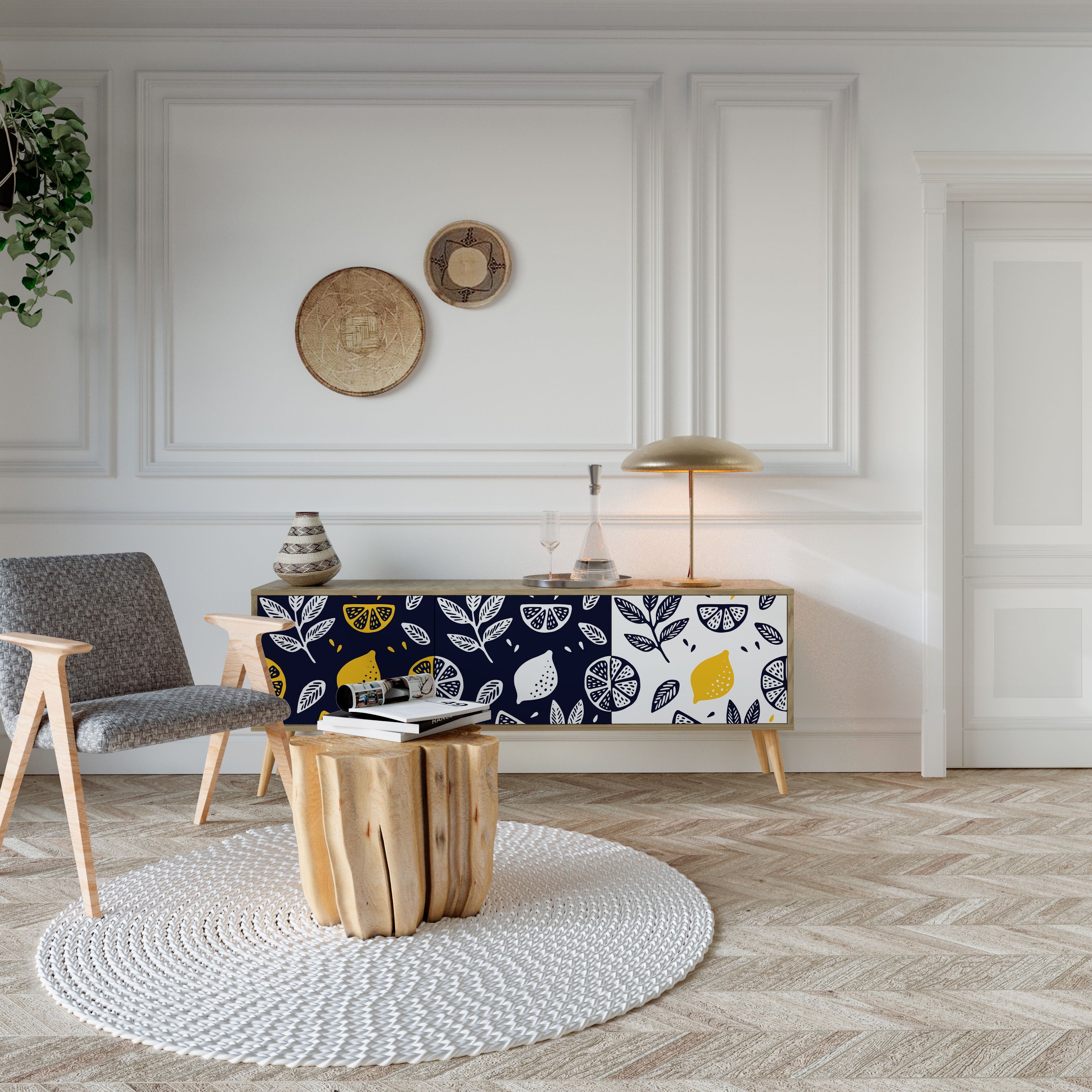 Meuble TV 3 portes CITRUS NOIR ET BLANC effet chêne