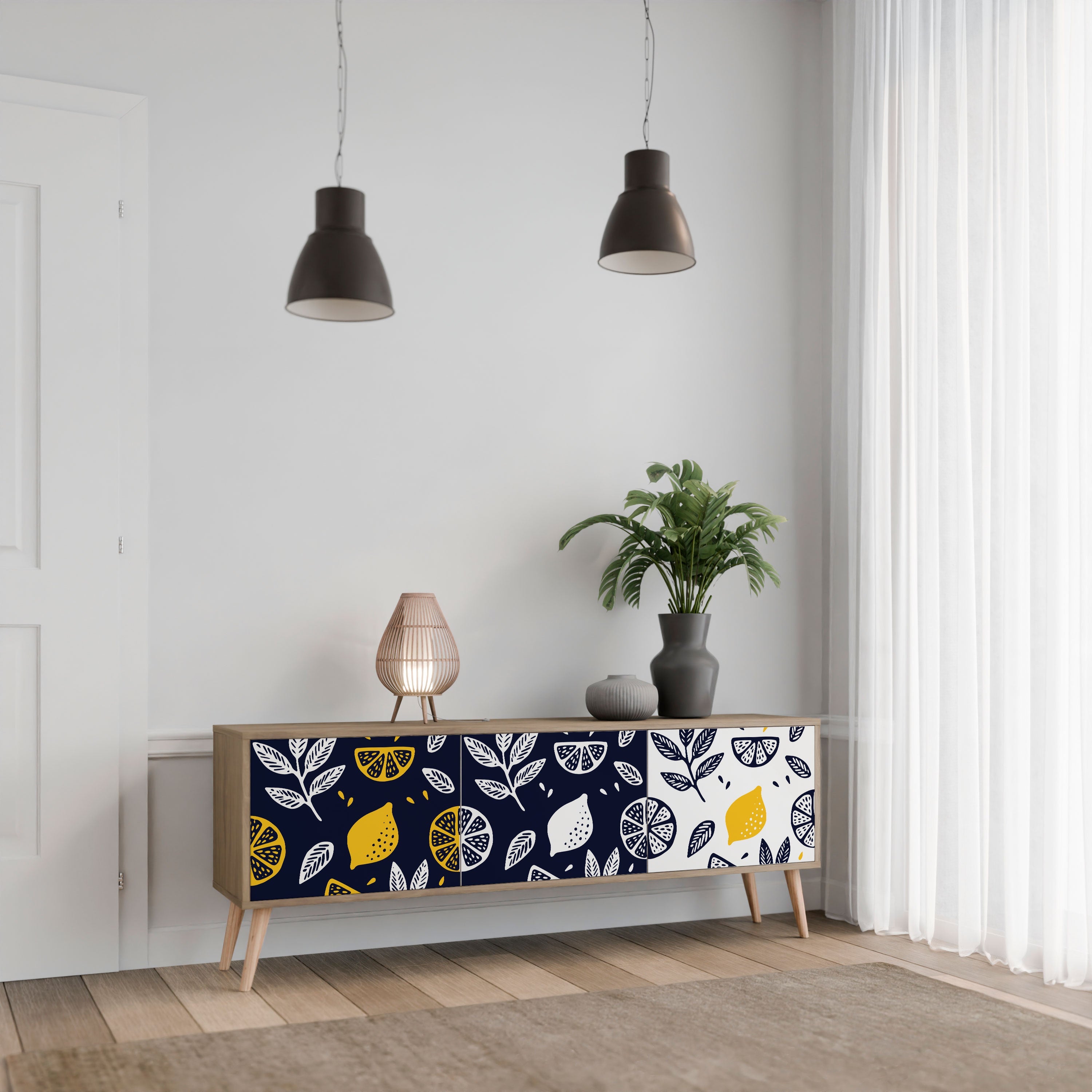 Meuble TV 3 portes CITRUS NOIR ET BLANC effet chêne