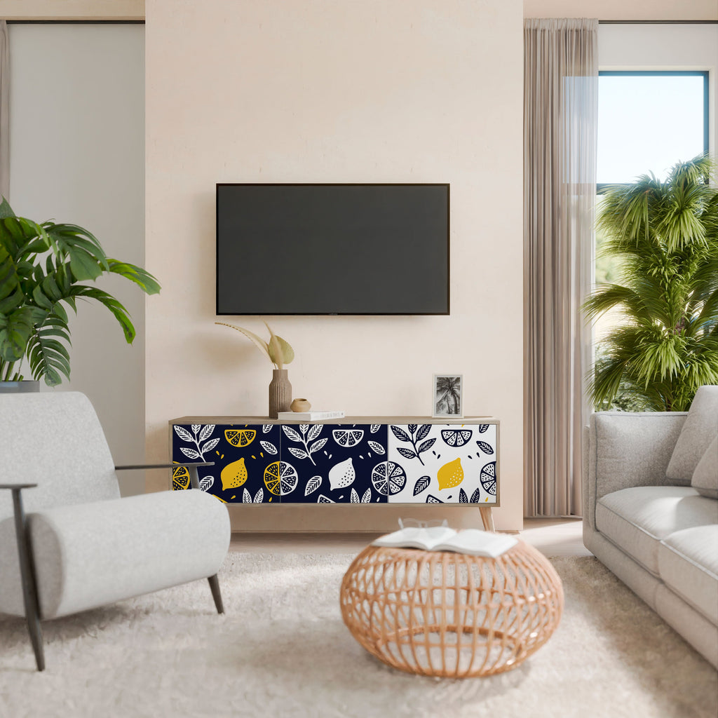 Meuble TV 3 portes CITRUS NOIR ET BLANC effet chêne