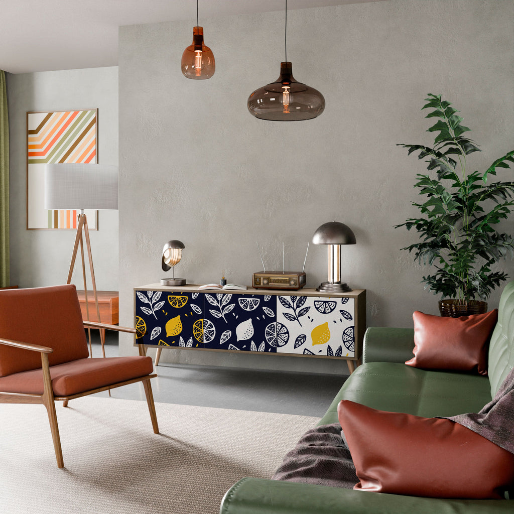 Meuble TV 3 portes CITRUS NOIR ET BLANC effet chêne