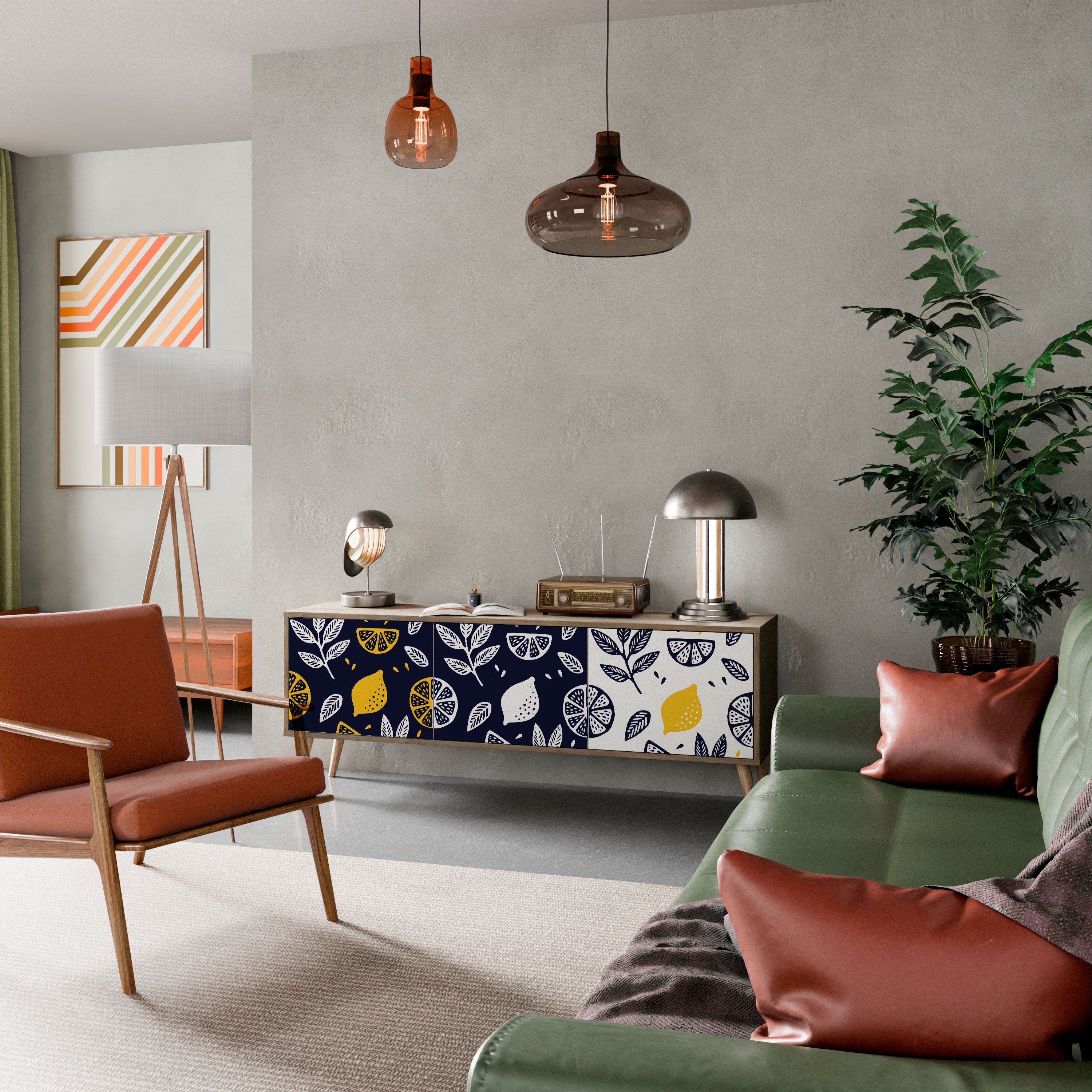 Meuble TV 3 portes CITRUS NOIR ET BLANC effet chêne