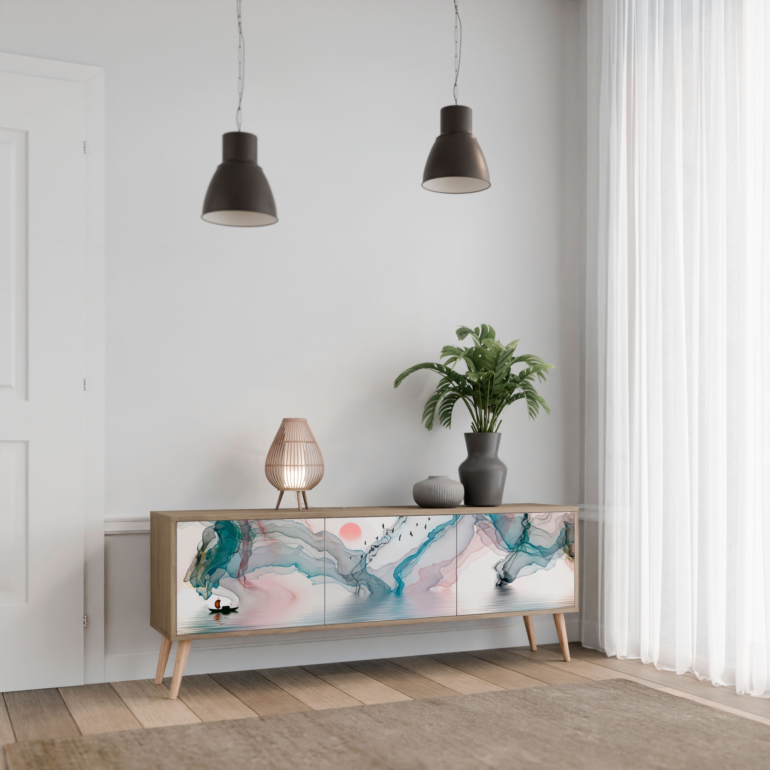 Meuble TV 3 portes VELVET CROSSING effet chêne