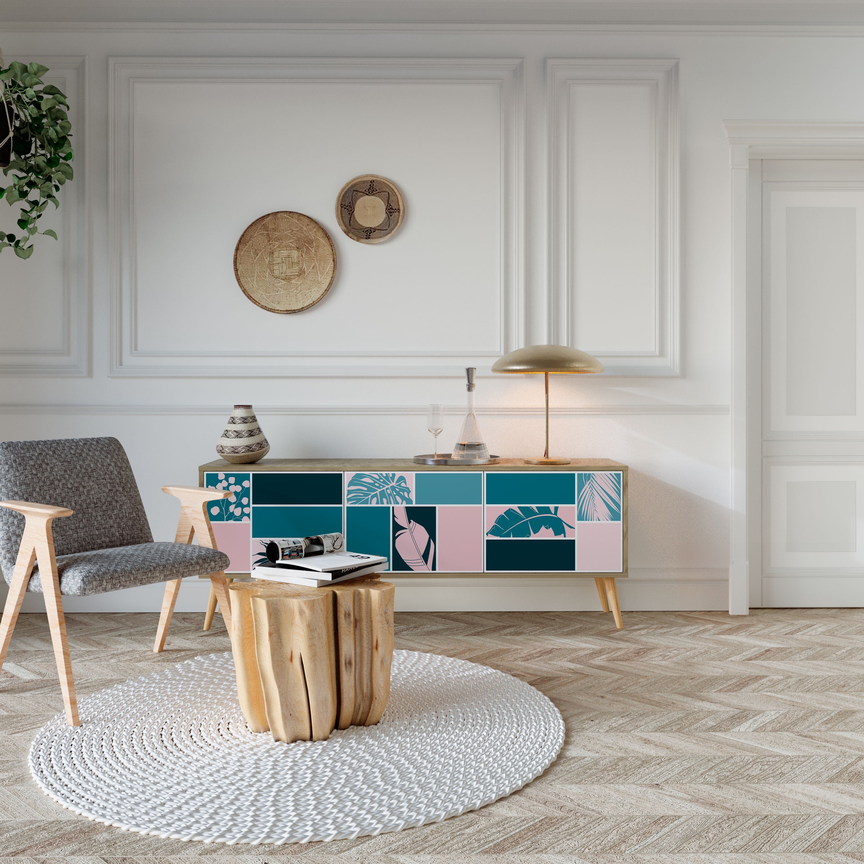 COMBINAISON DE FORMES Meuble TV 3 portes effet chêne