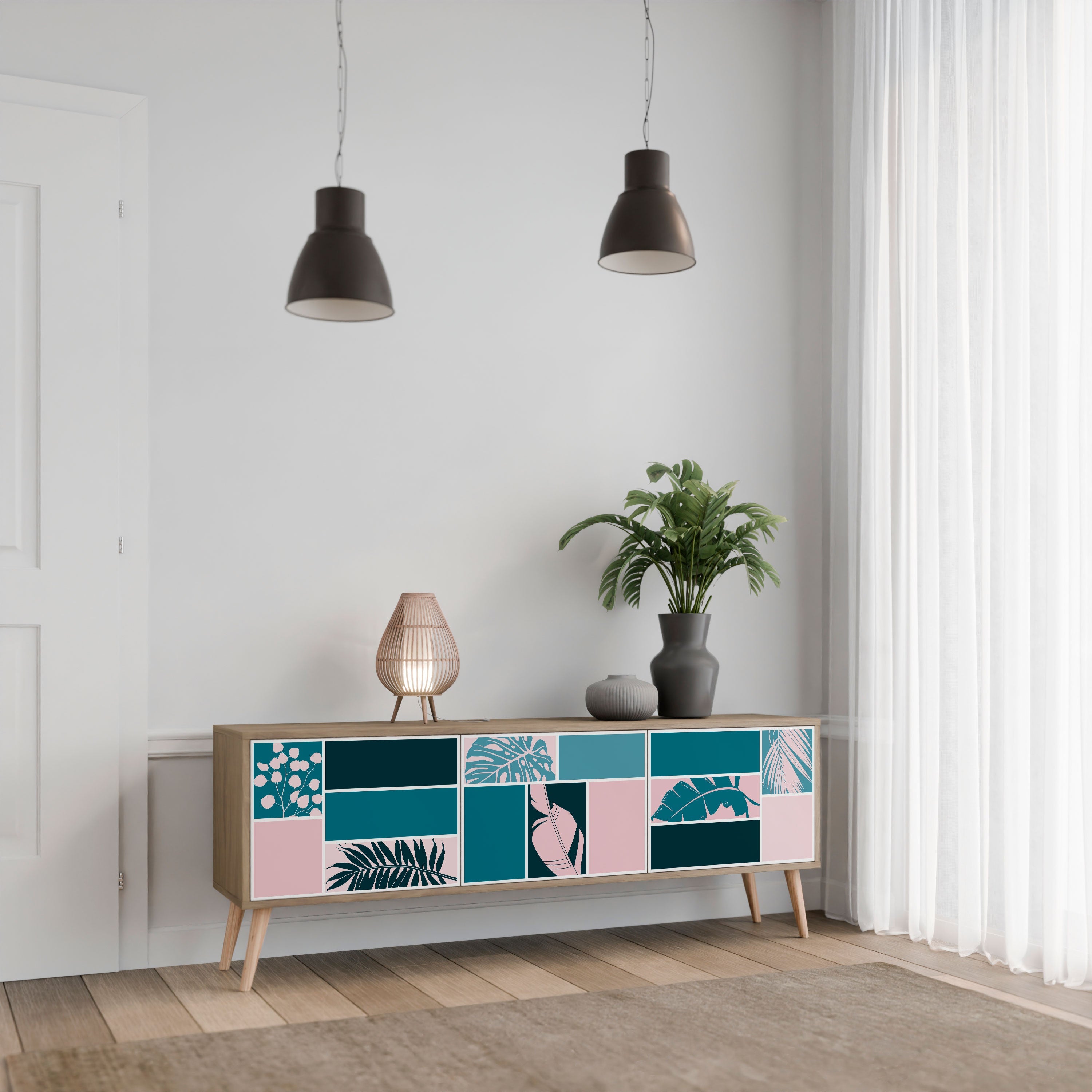 COMBINAISON DE FORMES Meuble TV 3 portes effet chêne