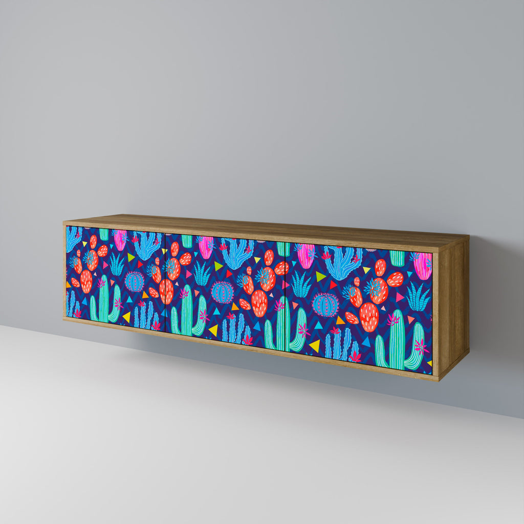 Meuble TV 3 portes CACTUS VIBES effet chêne