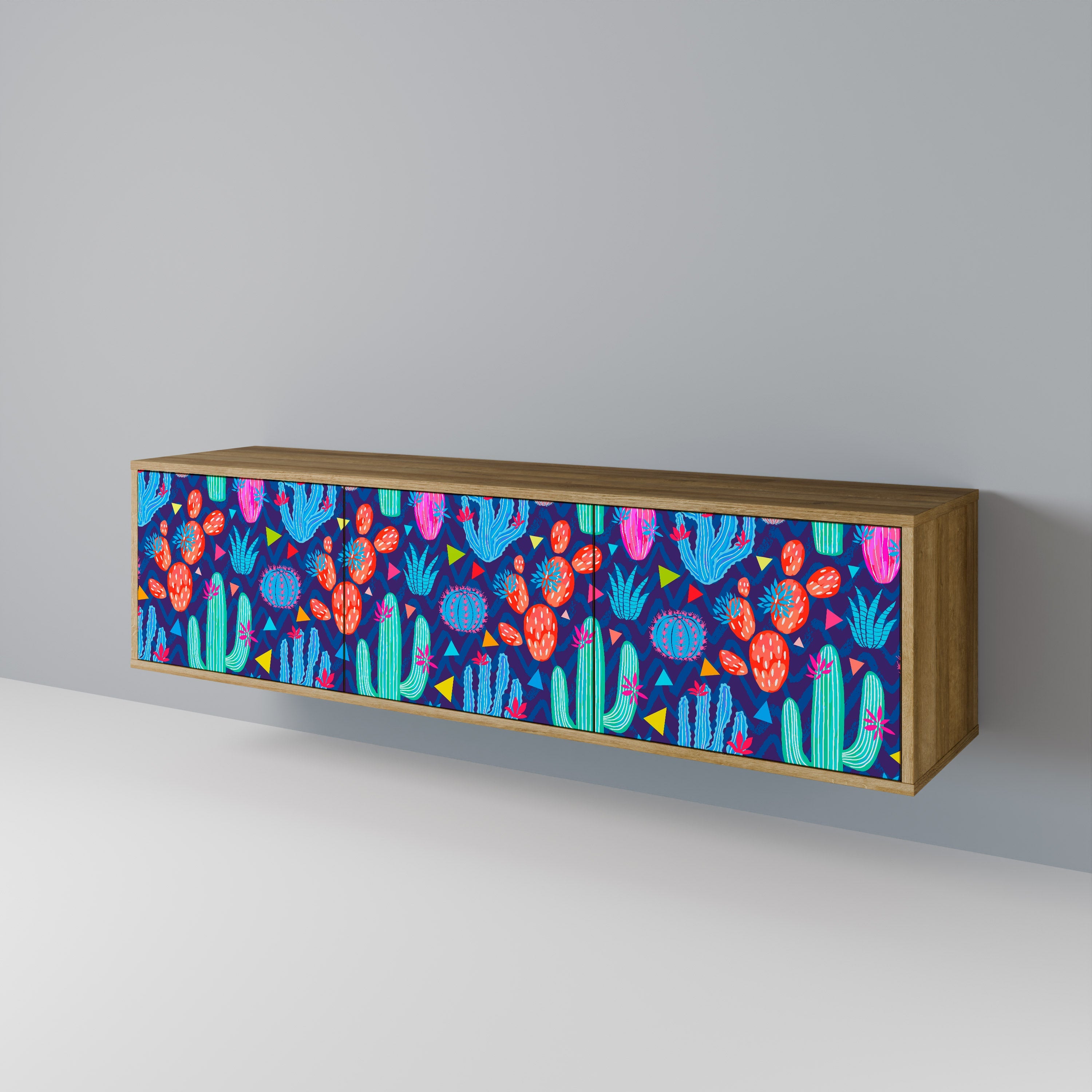 Meuble TV 3 portes CACTUS VIBES effet chêne