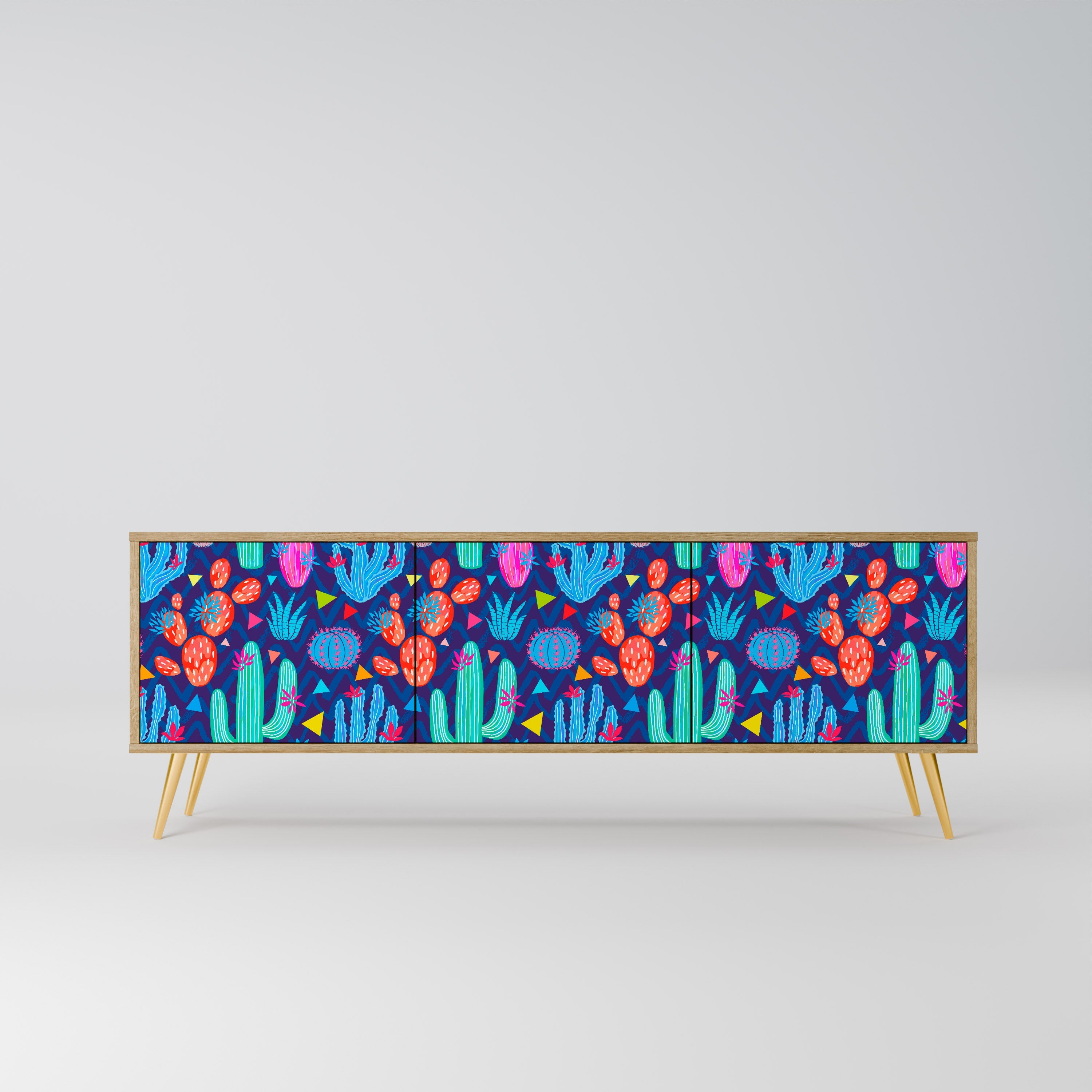 Meuble TV 3 portes CACTUS VIBES effet chêne