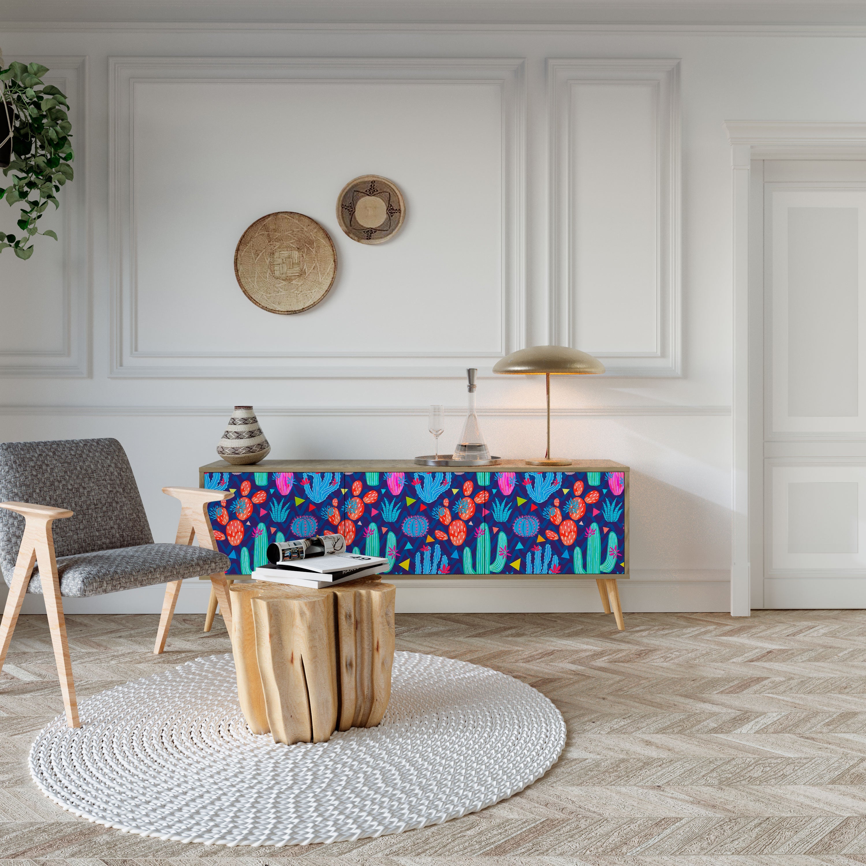 Meuble TV 3 portes CACTUS VIBES effet chêne