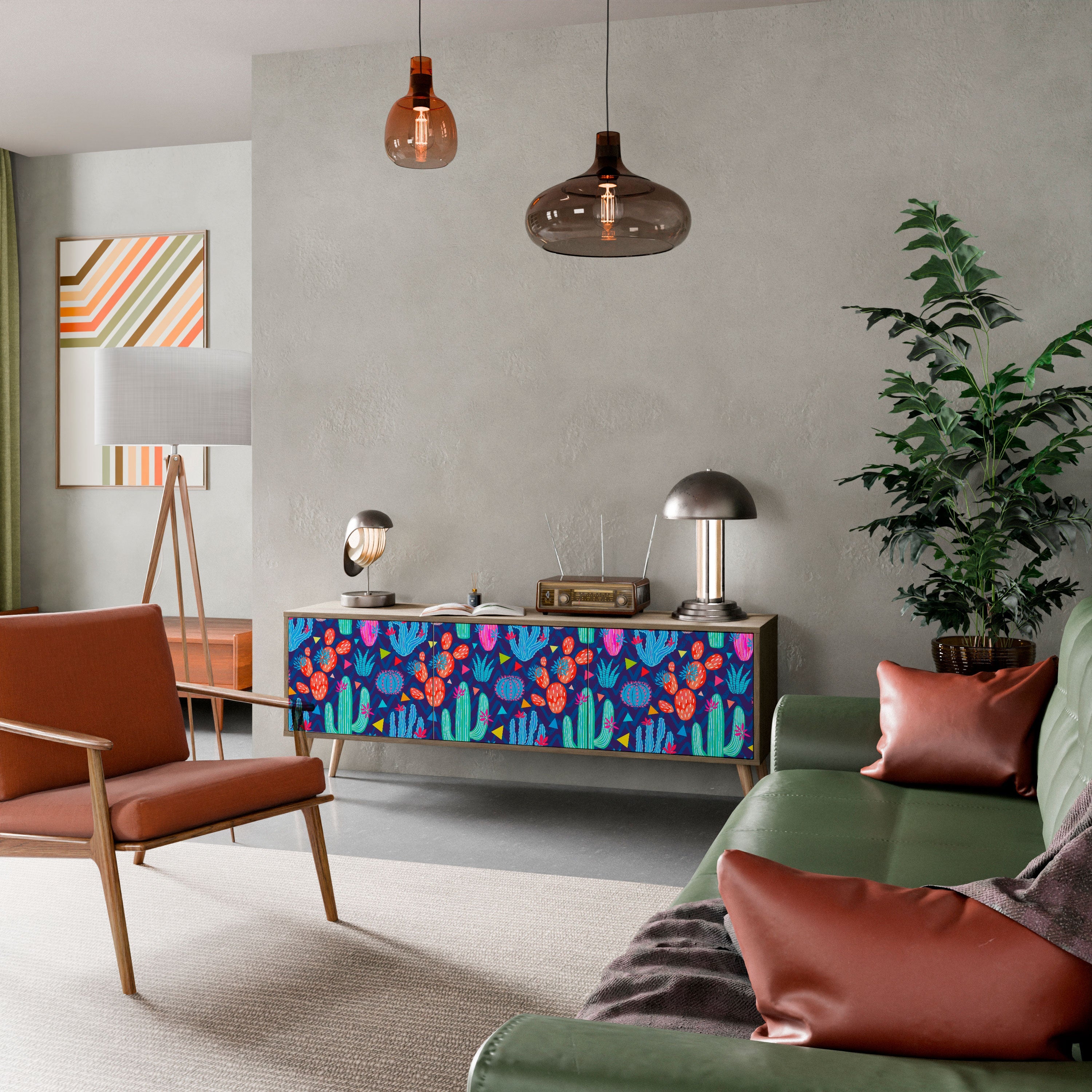 Meuble TV 3 portes CACTUS VIBES effet chêne