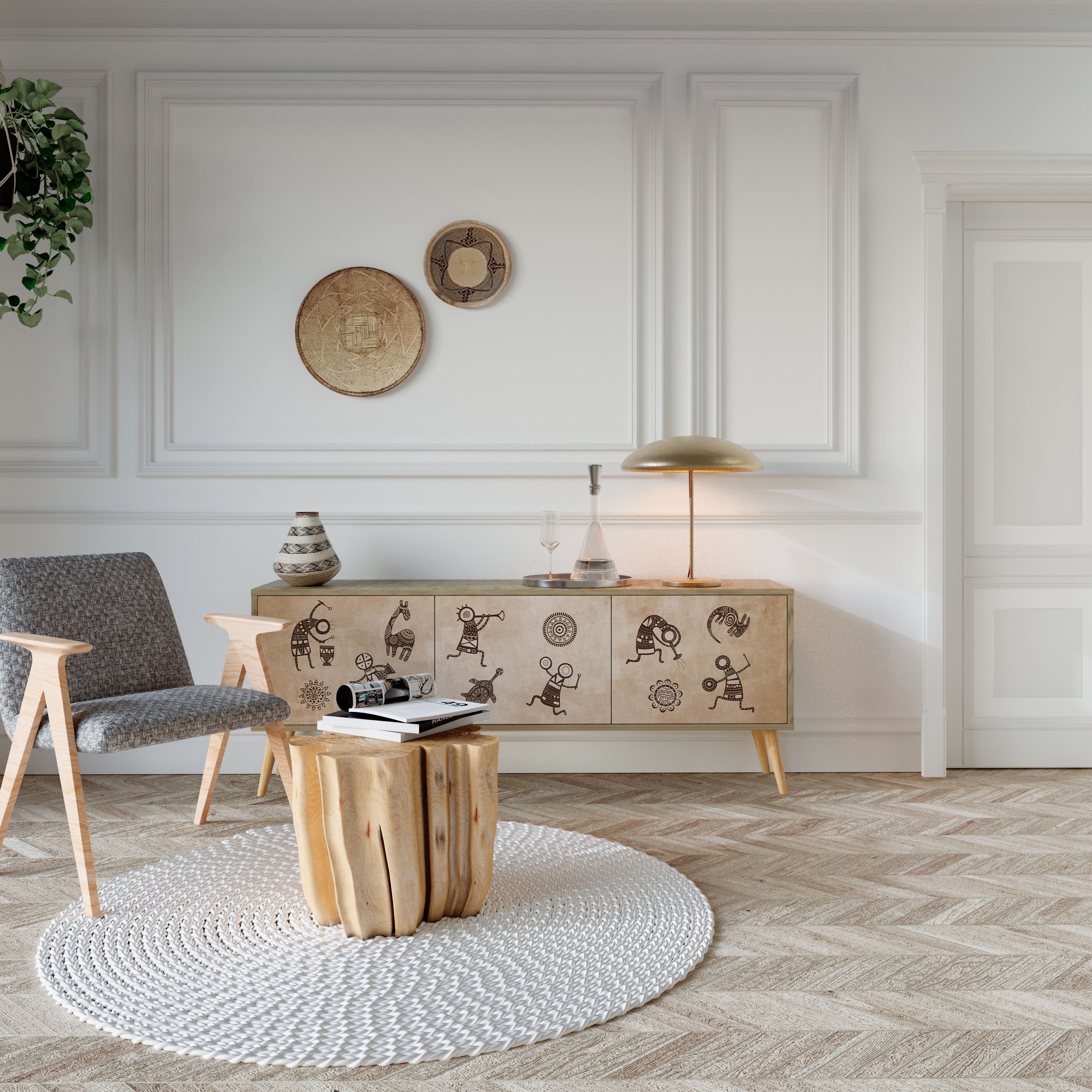 Meuble TV 3 portes de style africain effet chêne