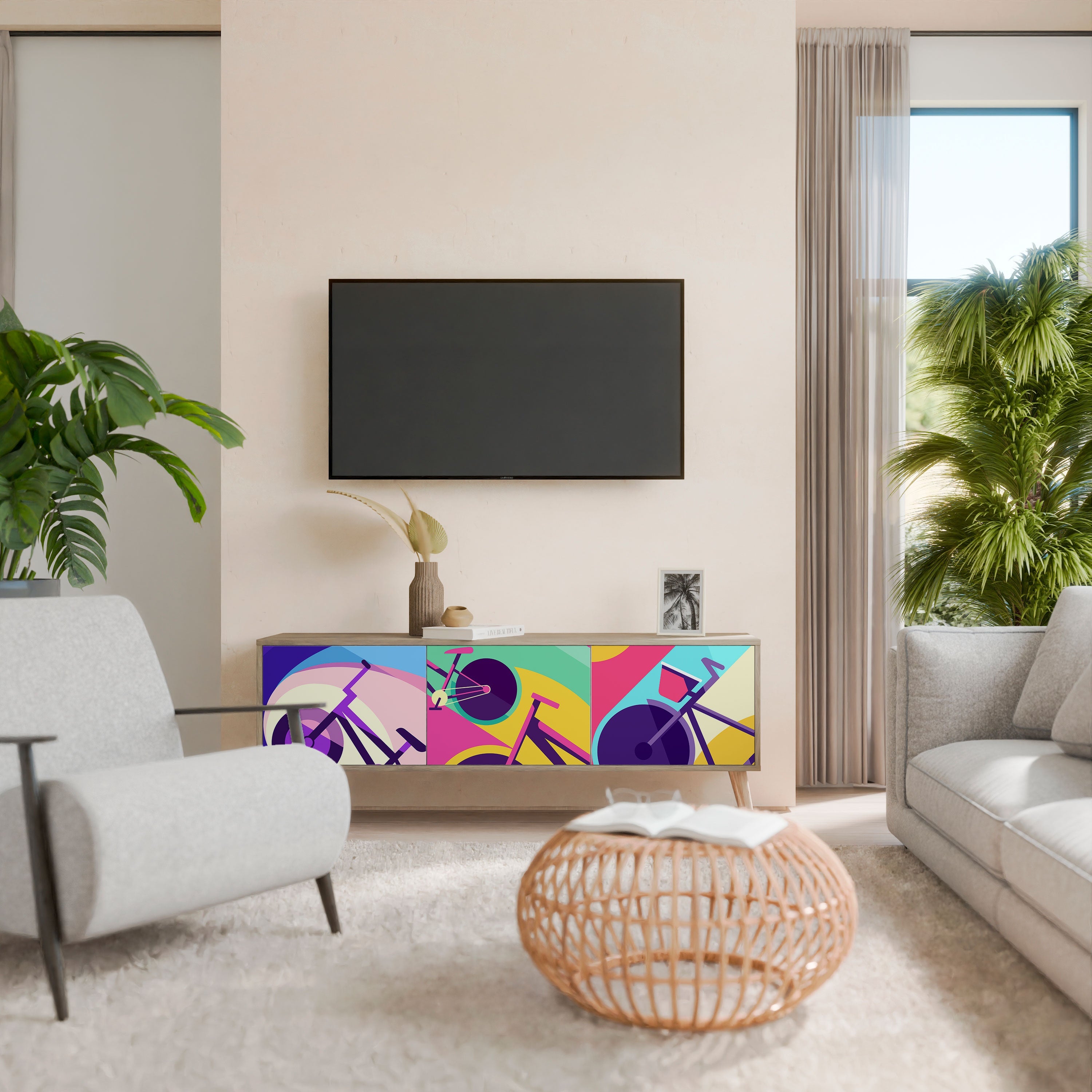 Meuble TV 3 portes BIKE DREAMS effet chêne