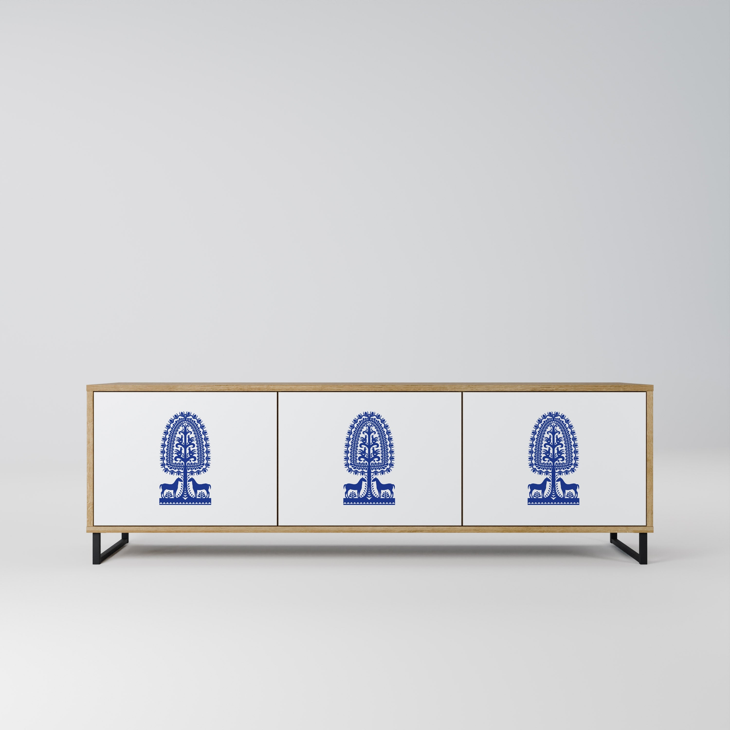 Meuble TV 3 portes effet chêne POLISH FOLK ART