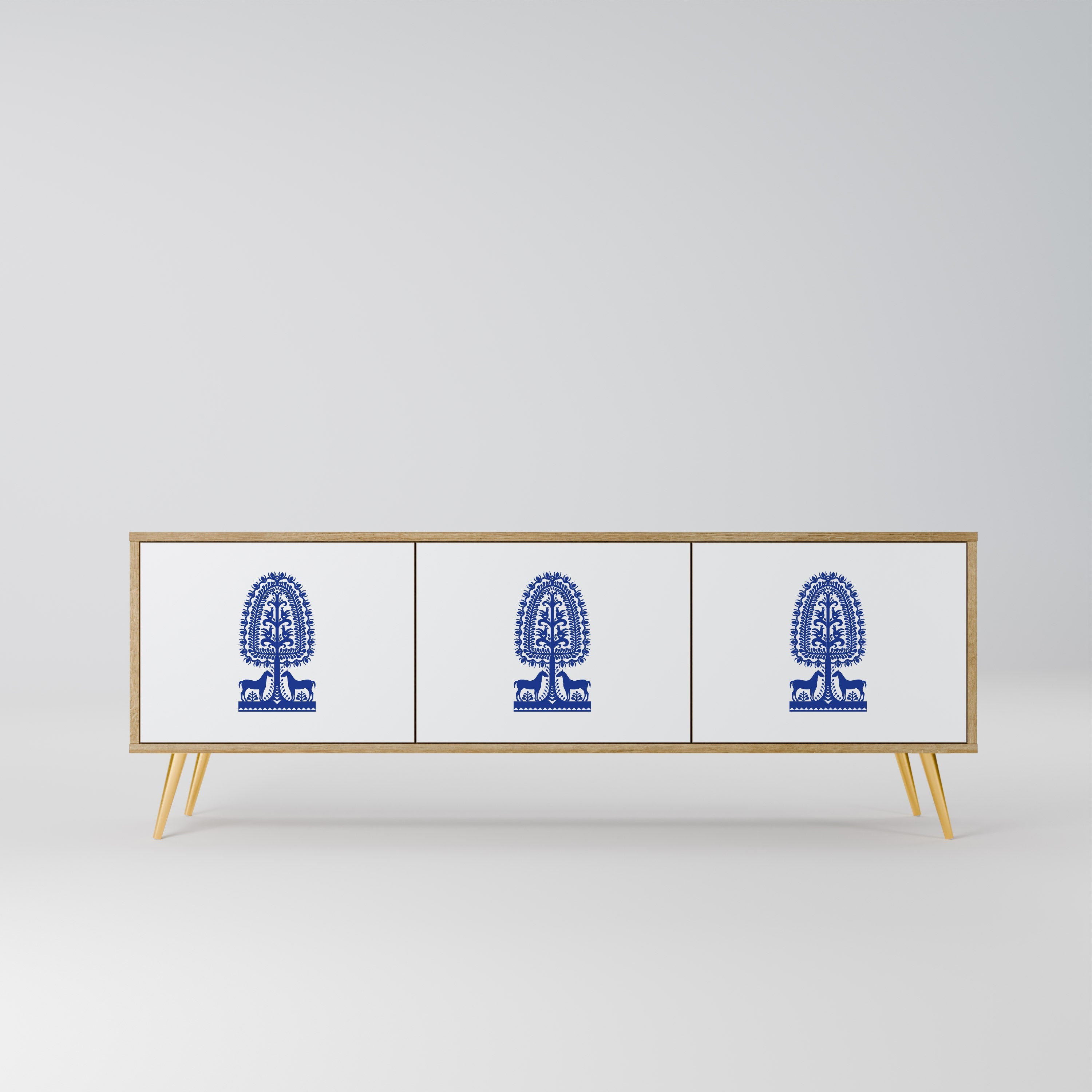 Meuble TV 3 portes effet chêne POLISH FOLK ART