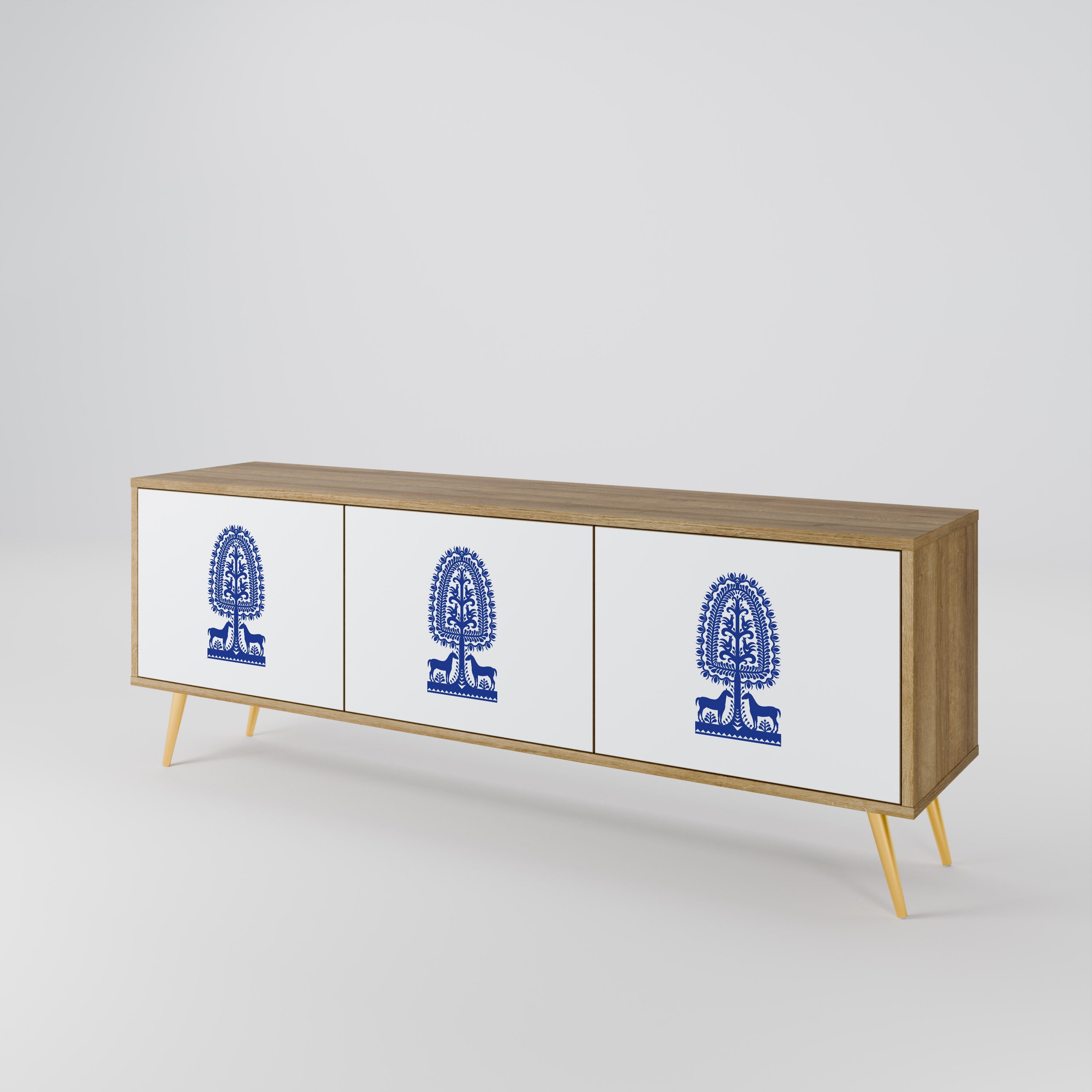 Meuble TV 3 portes effet chêne POLISH FOLK ART