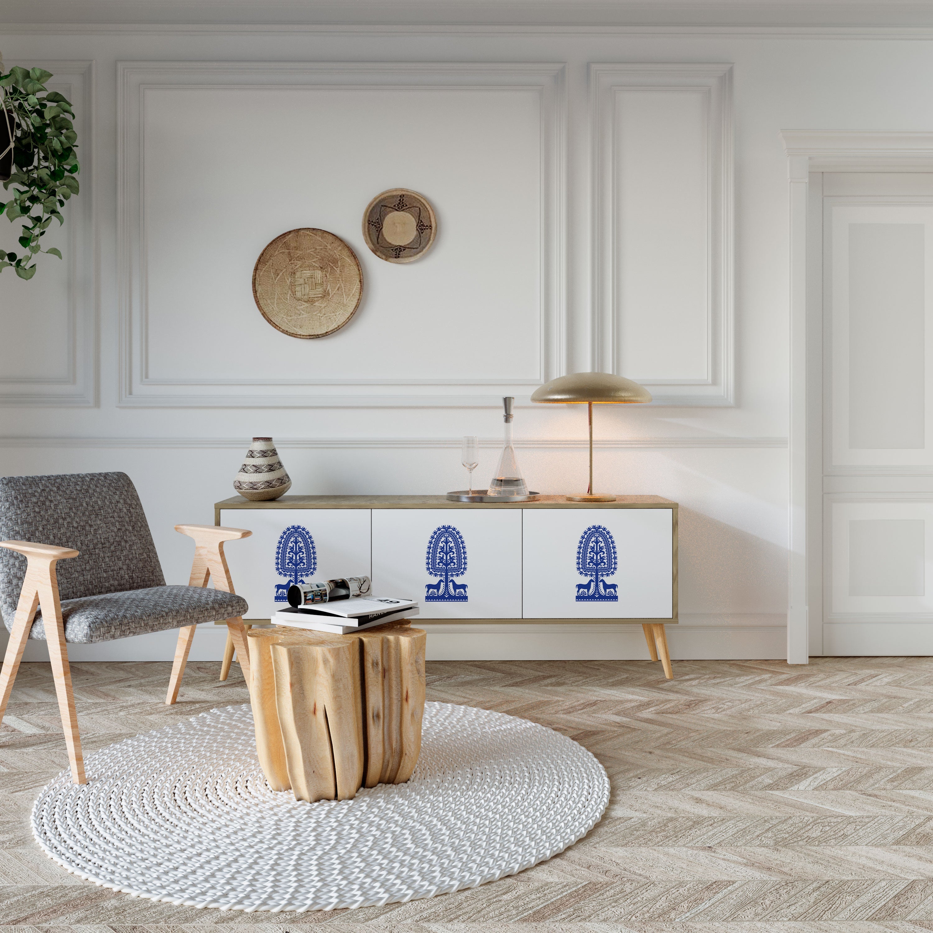 Meuble TV 3 portes effet chêne POLISH FOLK ART