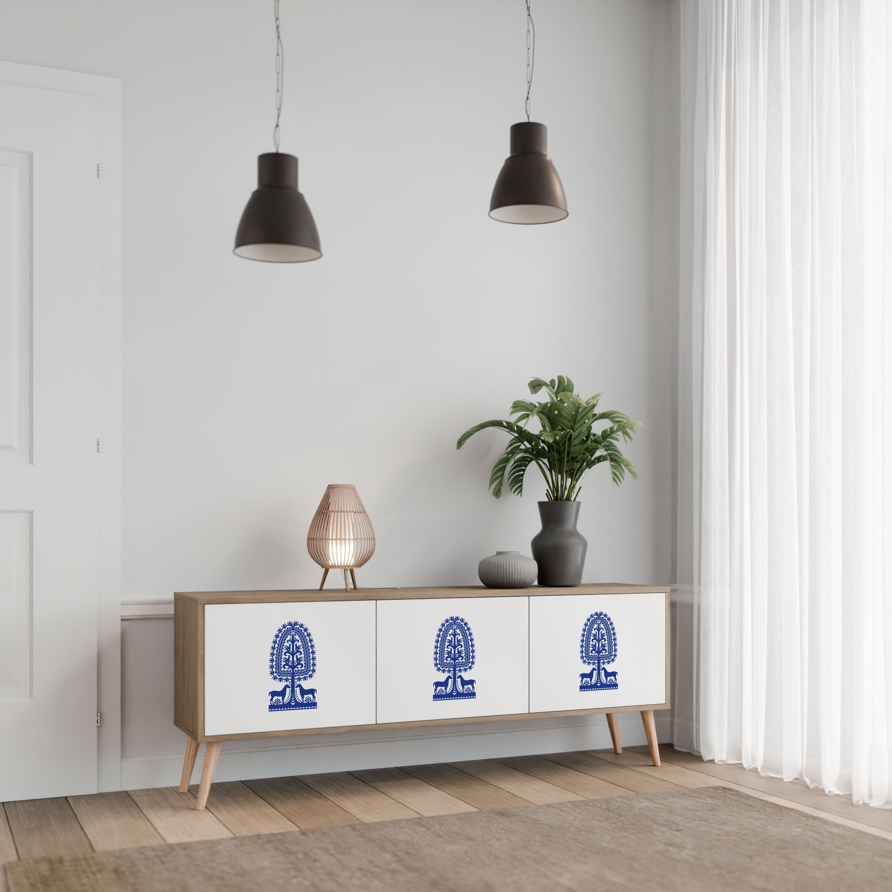 Meuble TV 3 portes effet chêne POLISH FOLK ART