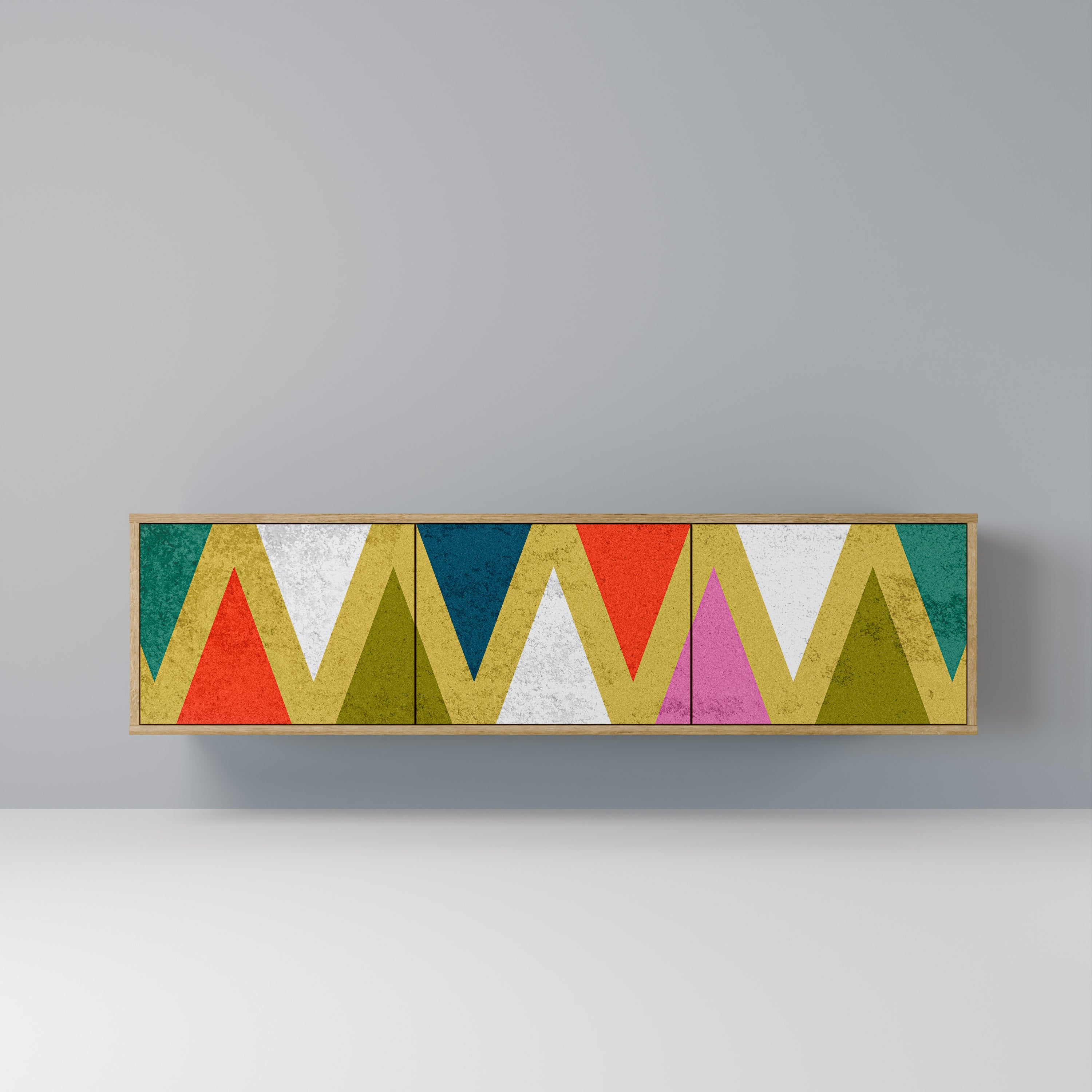 Meuble TV 3 portes TRIANGLES COLORÉS effet chêne