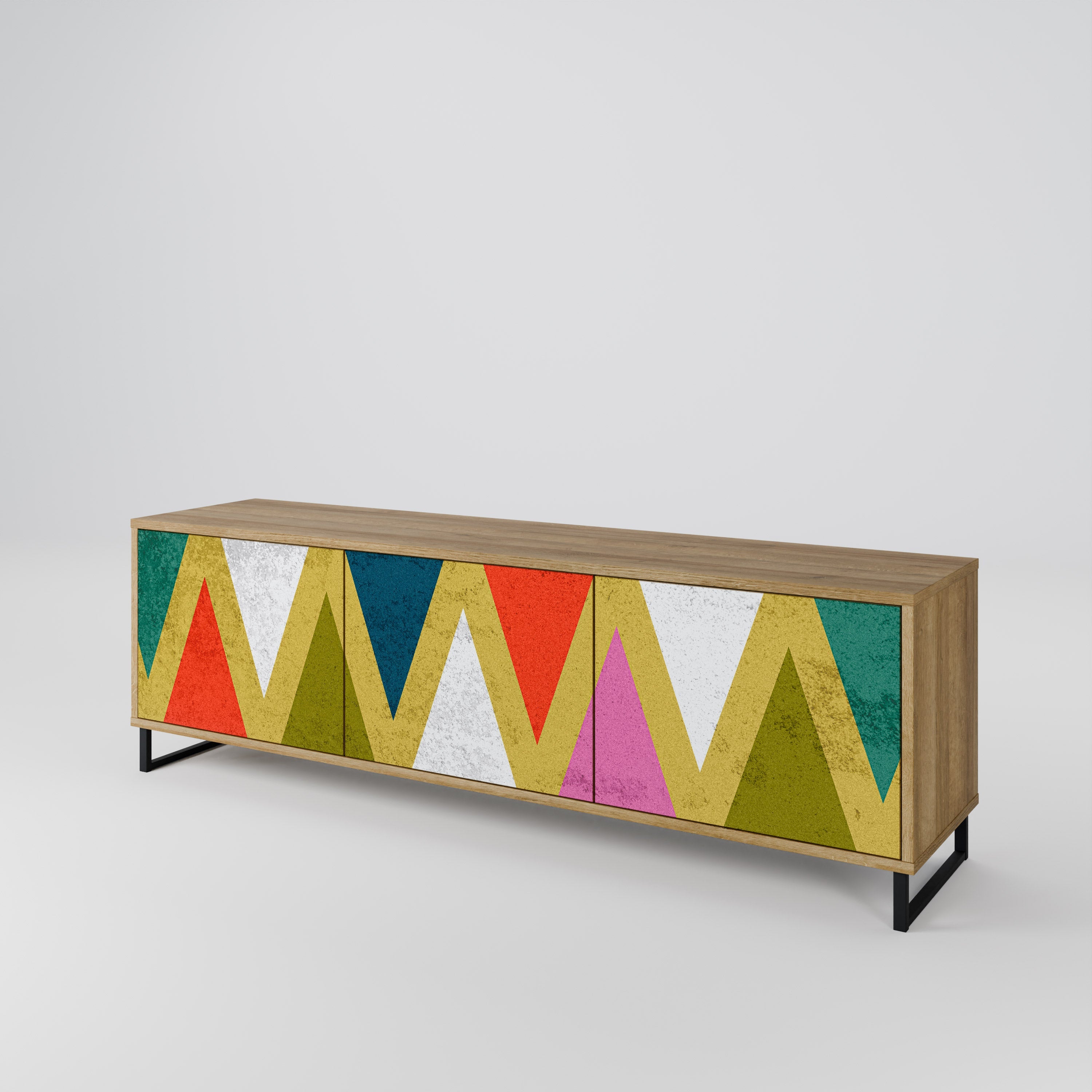 Meuble TV 3 portes TRIANGLES COLORÉS effet chêne