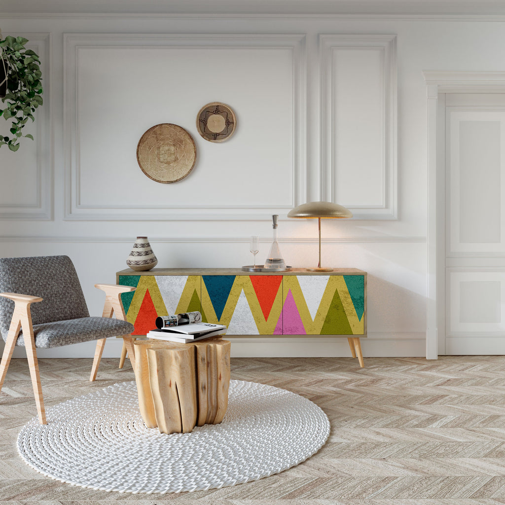 Meuble TV 3 portes TRIANGLES COLORÉS effet chêne