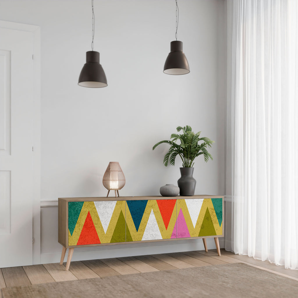 Meuble TV 3 portes TRIANGLES COLORÉS effet chêne