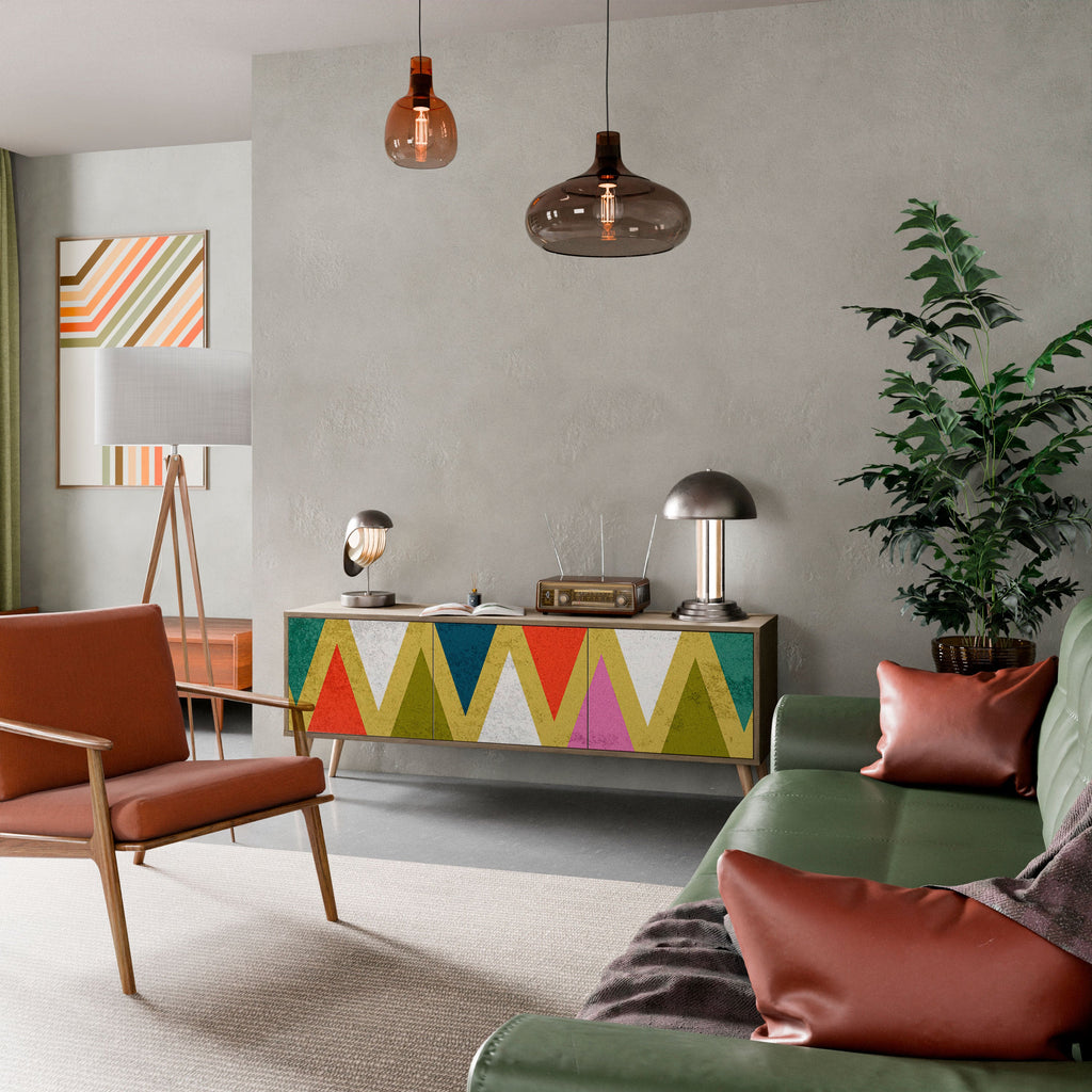 Meuble TV 3 portes TRIANGLES COLORÉS effet chêne