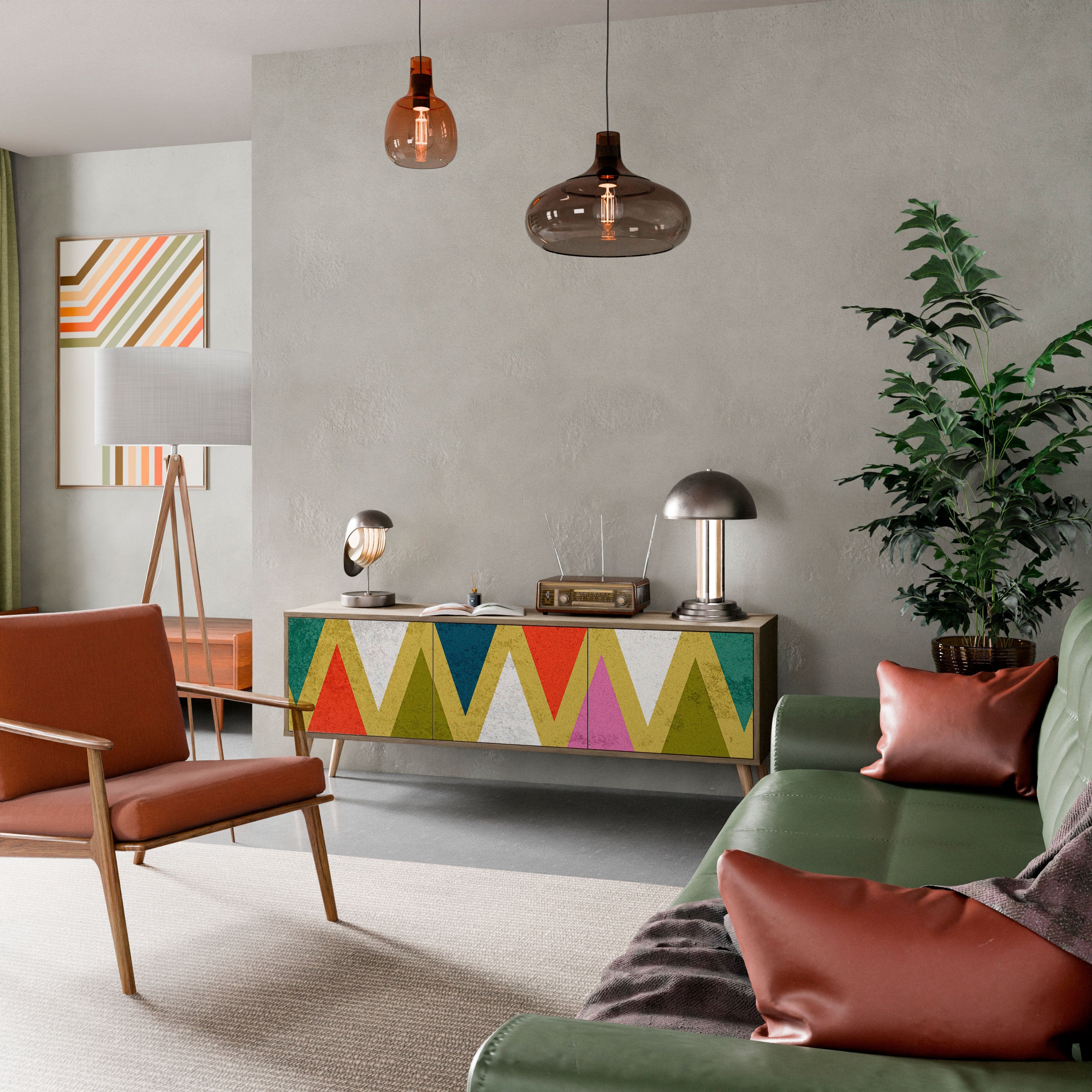 Meuble TV 3 portes TRIANGLES COLORÉS effet chêne