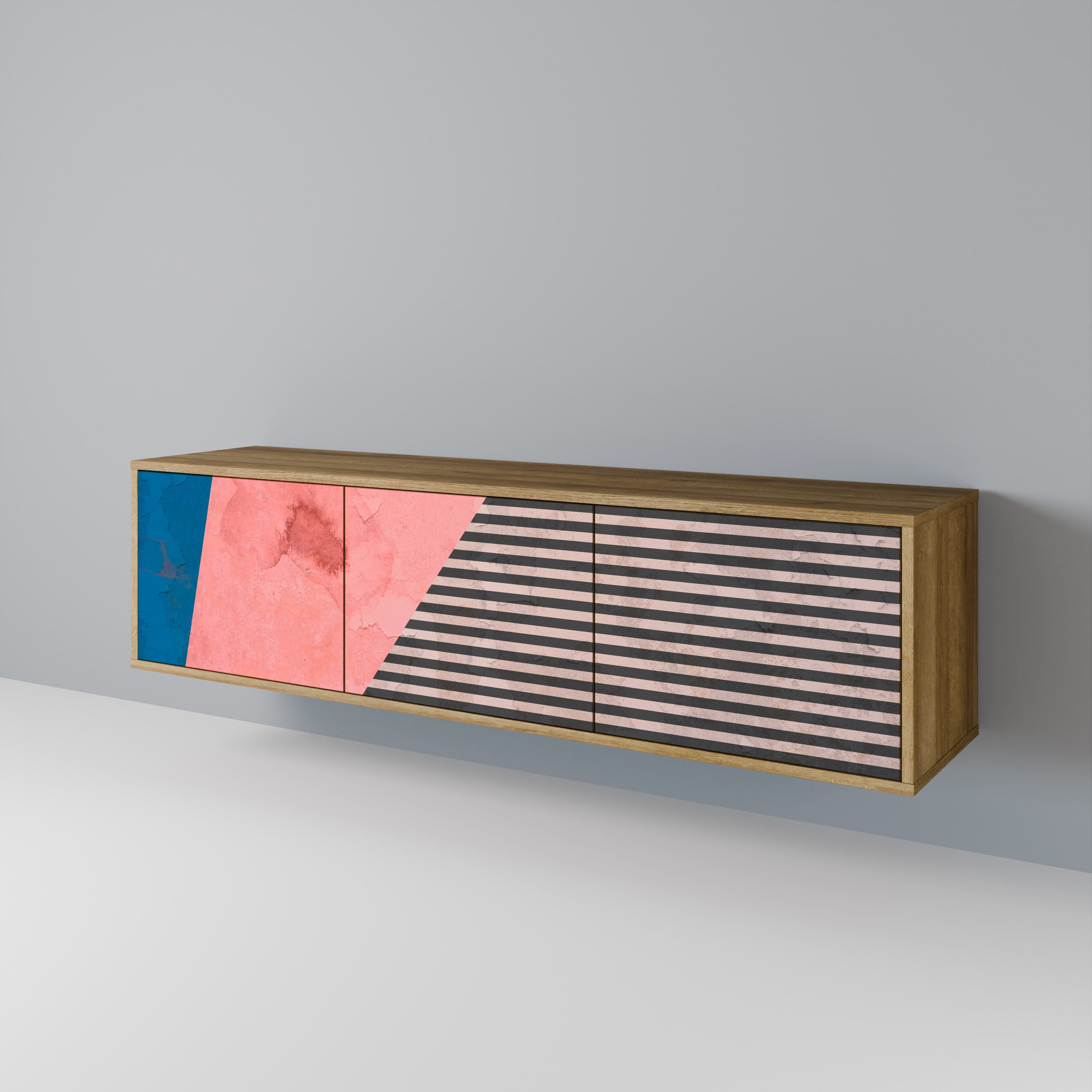 Meuble TV 3 portes GLAMOROUS STRIPE effet chêne