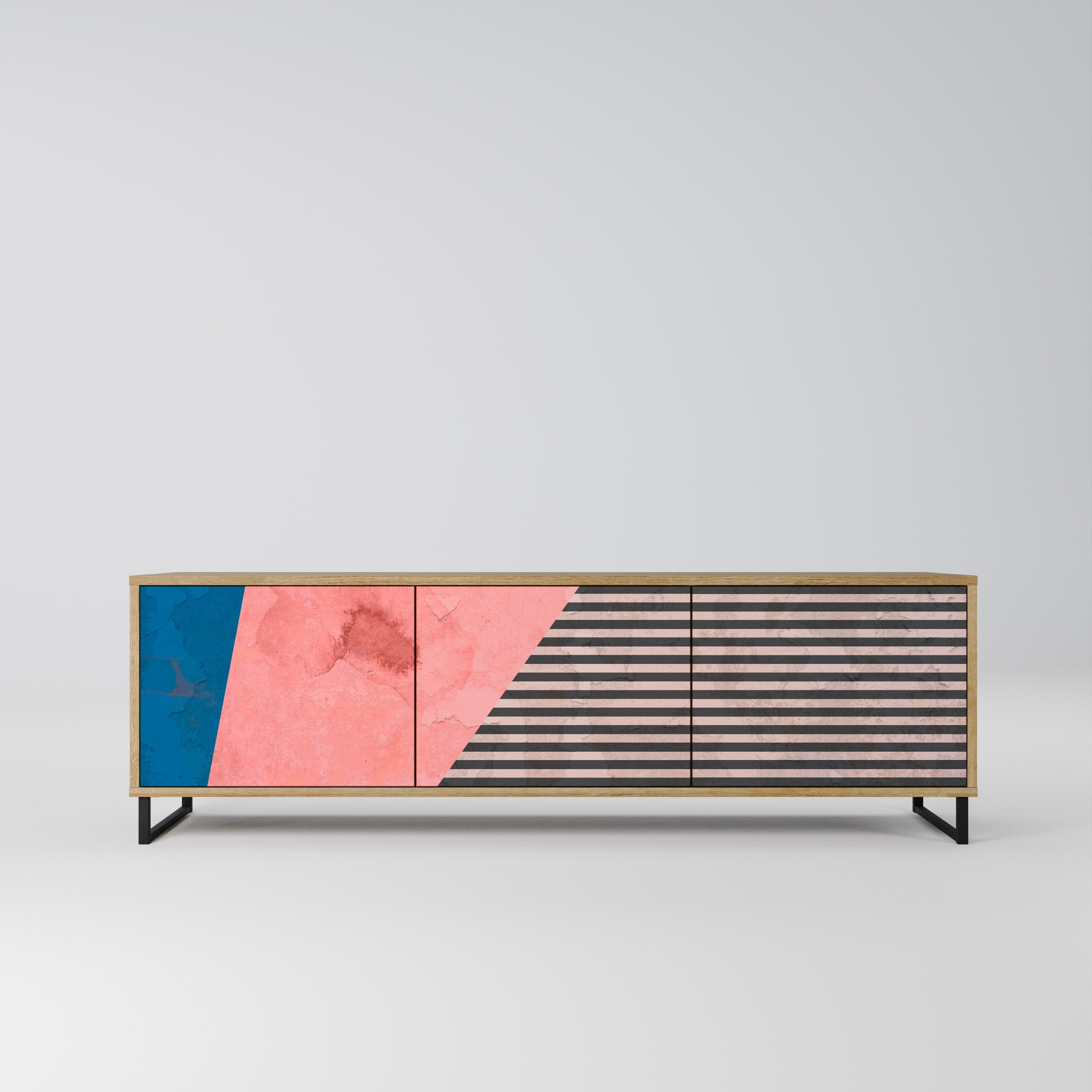 Meuble TV 3 portes GLAMOROUS STRIPE effet chêne