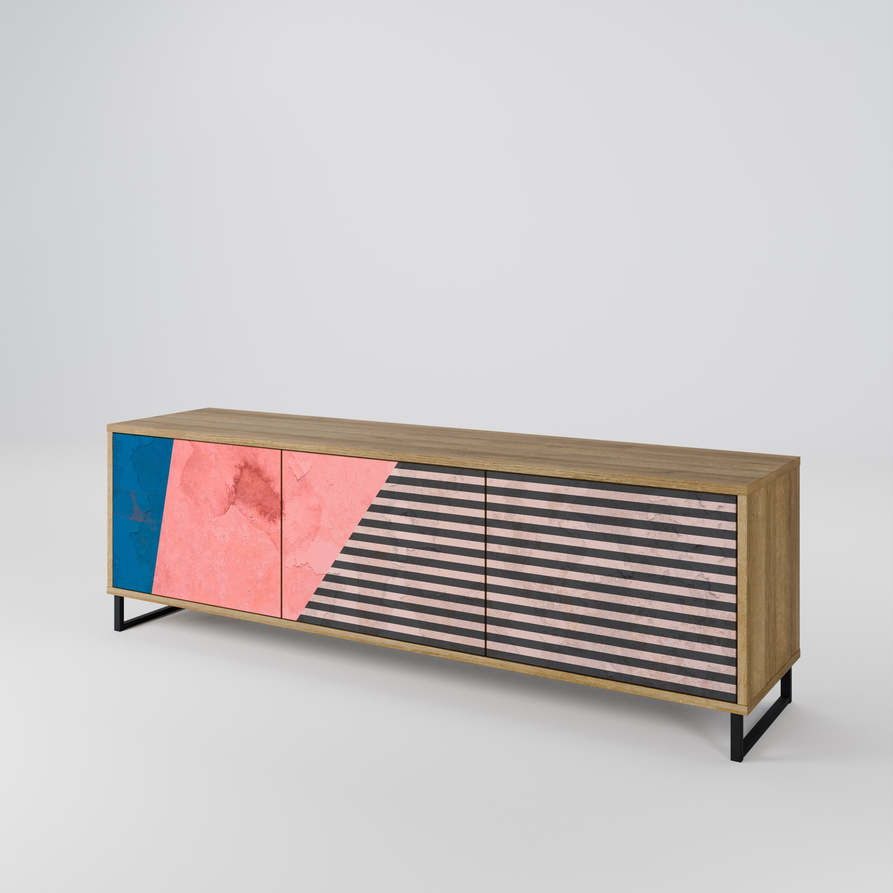 Meuble TV 3 portes GLAMOROUS STRIPE effet chêne