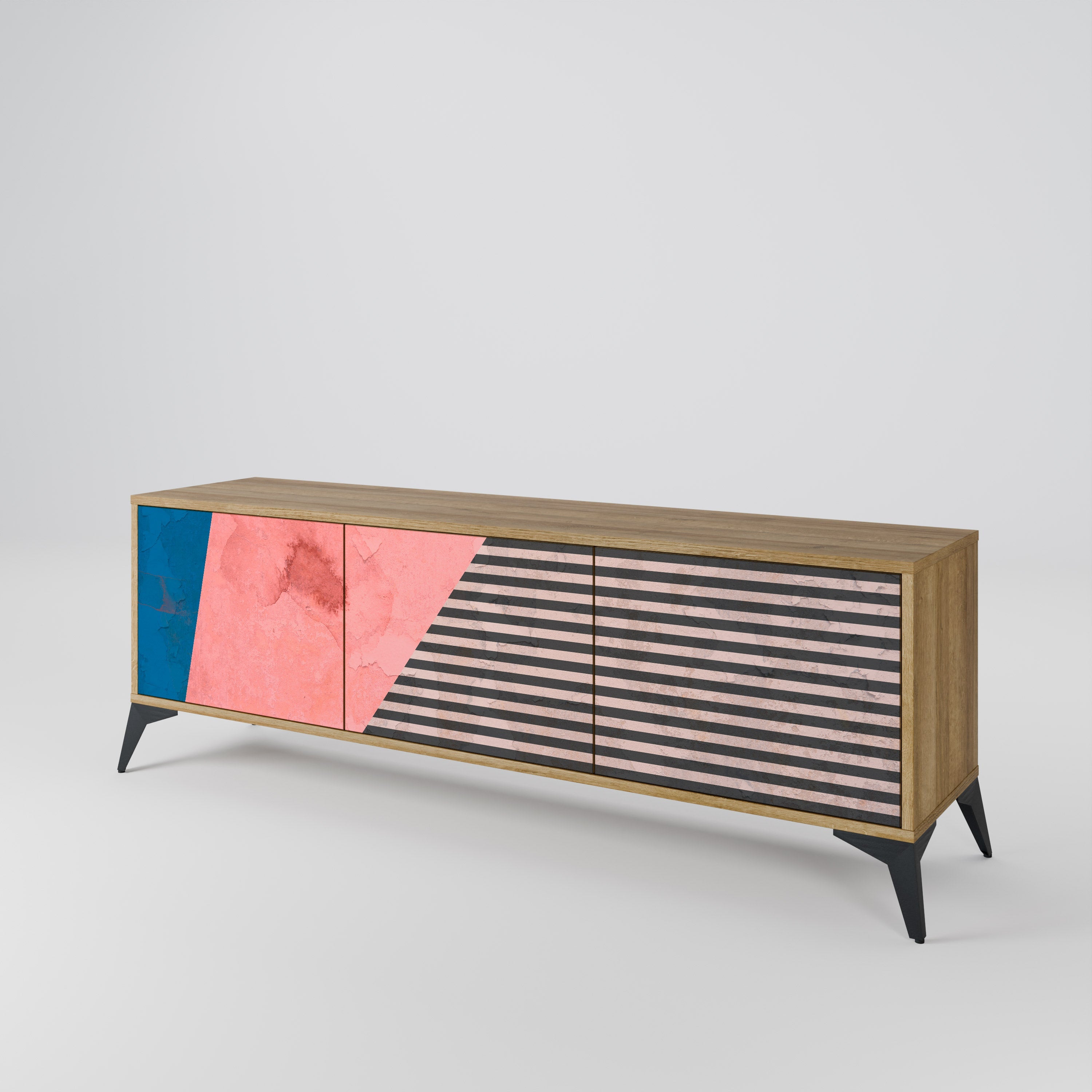 Meuble TV 3 portes GLAMOROUS STRIPE effet chêne