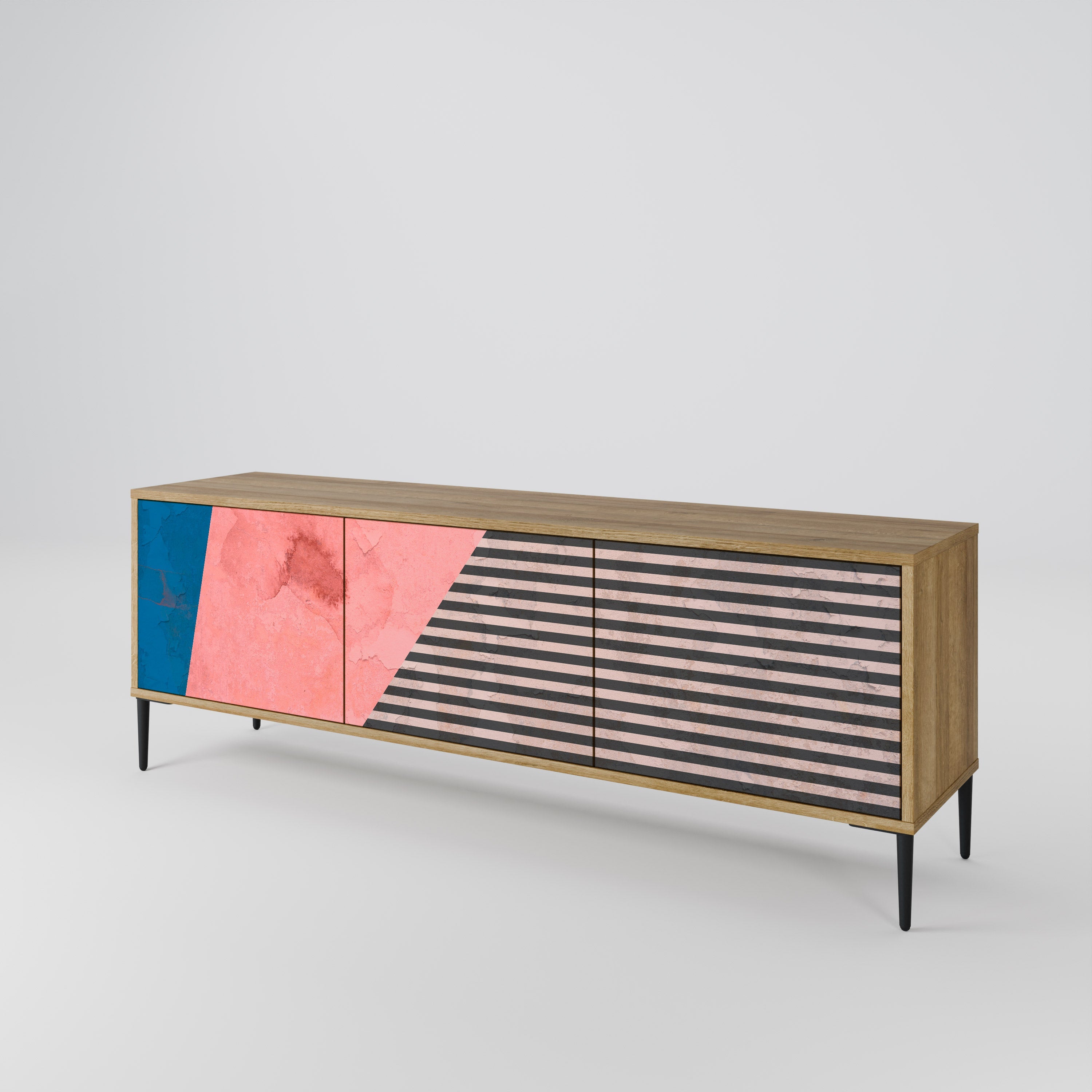 Meuble TV 3 portes GLAMOROUS STRIPE effet chêne