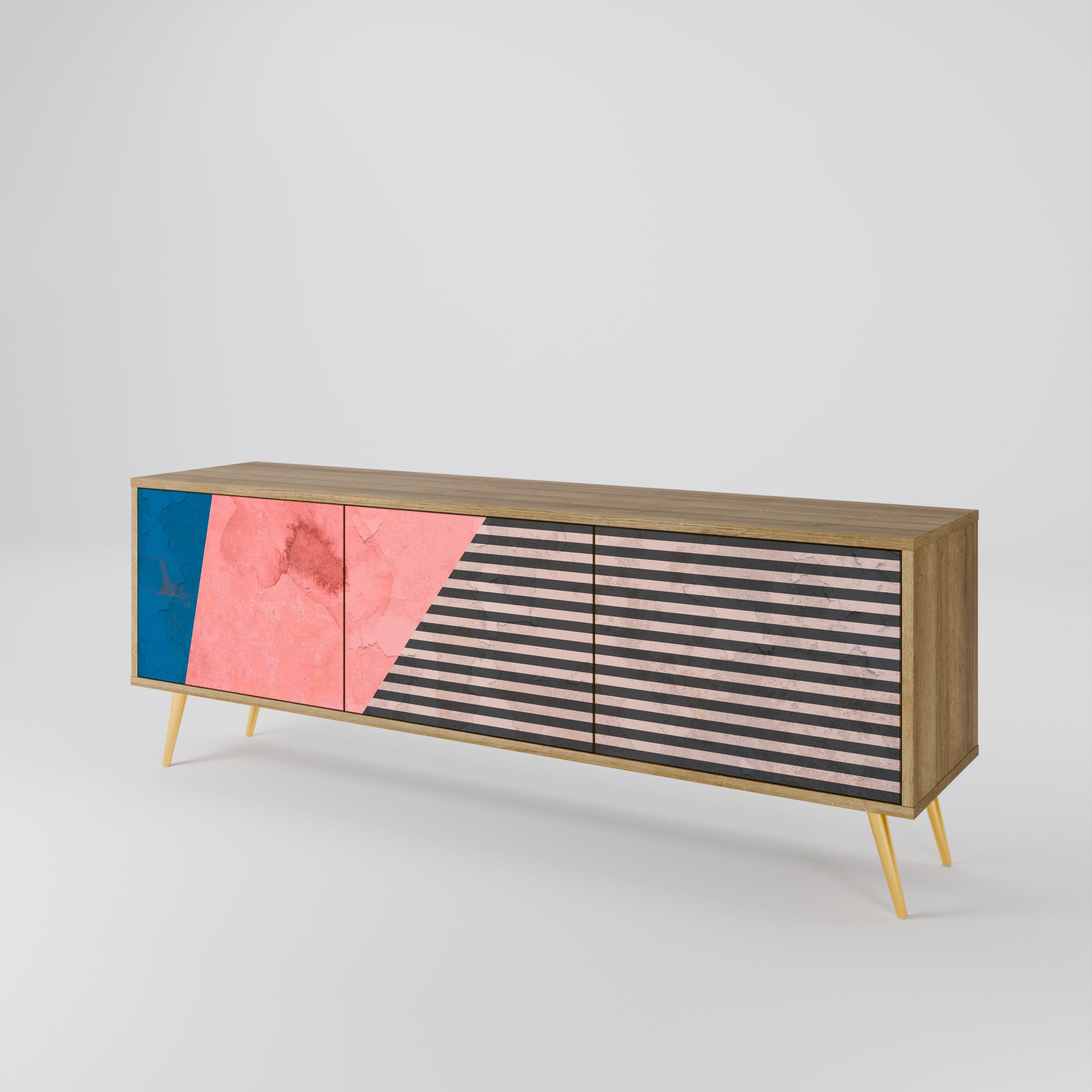 Meuble TV 3 portes GLAMOROUS STRIPE effet chêne