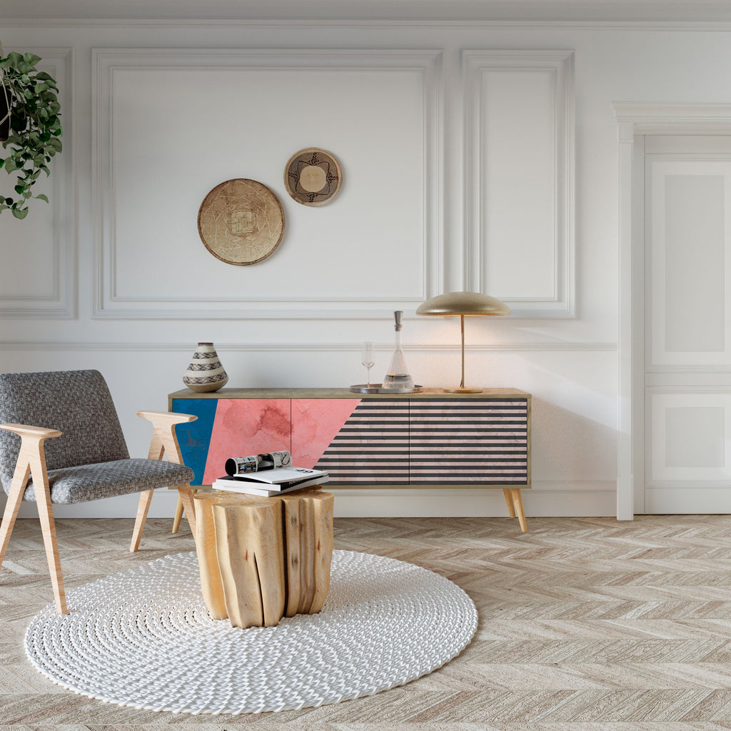 Meuble TV 3 portes GLAMOROUS STRIPE effet chêne