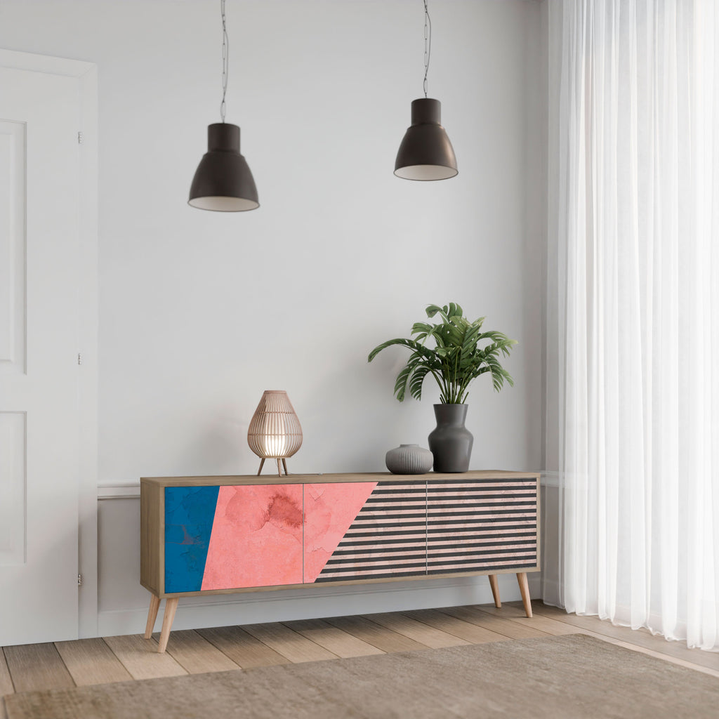 Meuble TV 3 portes GLAMOROUS STRIPE effet chêne