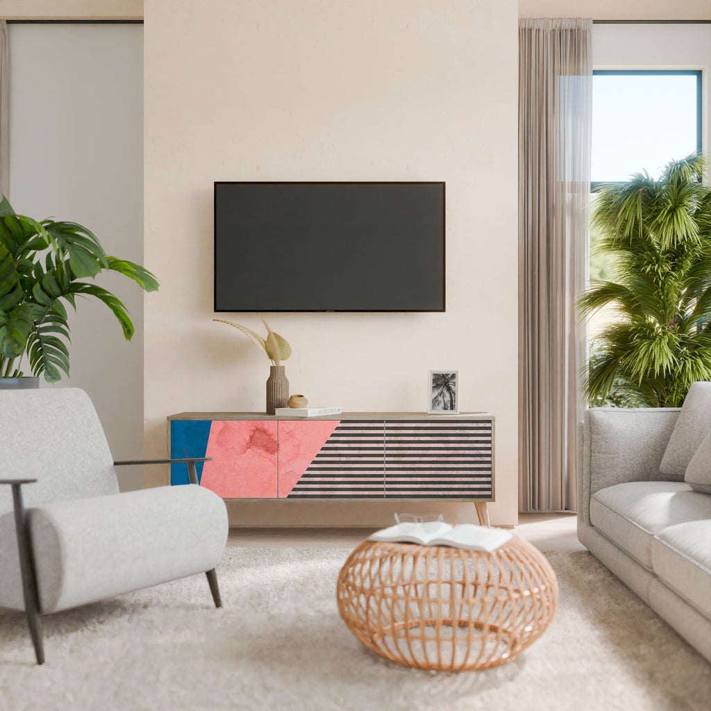 Meuble TV 3 portes GLAMOROUS STRIPE effet chêne