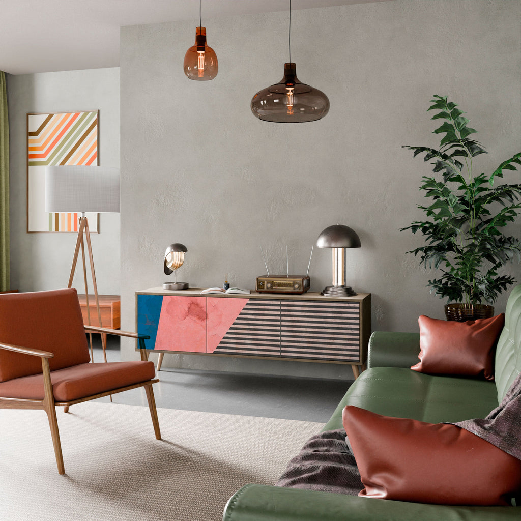 Meuble TV 3 portes GLAMOROUS STRIPE effet chêne