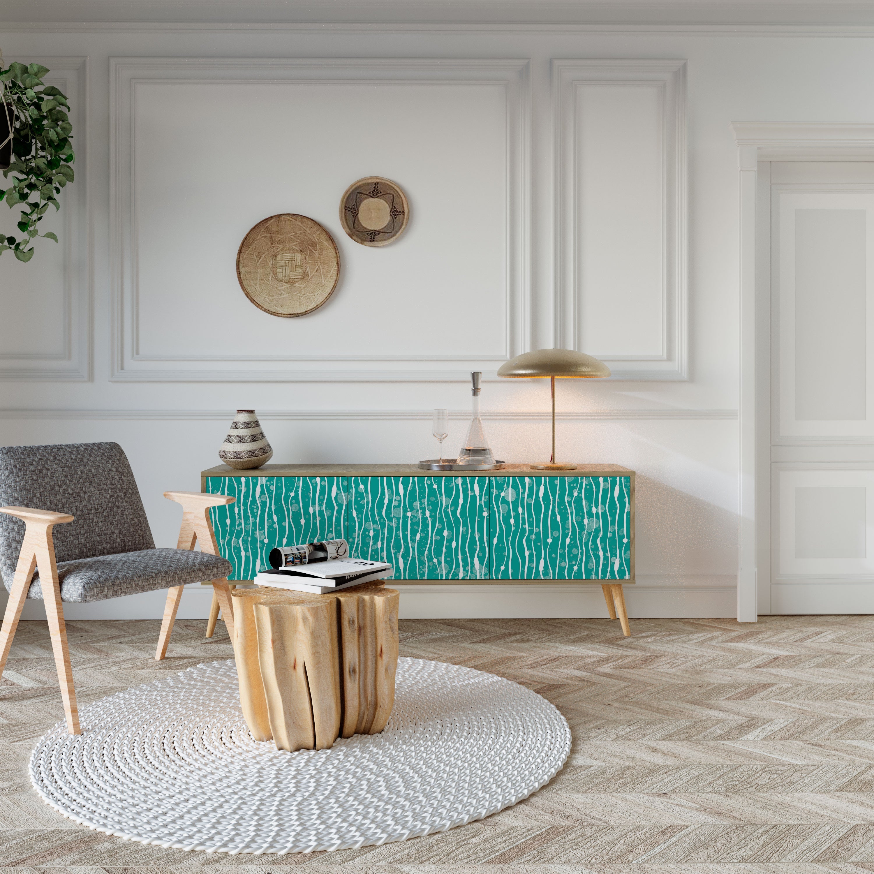 Meuble TV 3 portes TURQUOISE RAIN effet chêne