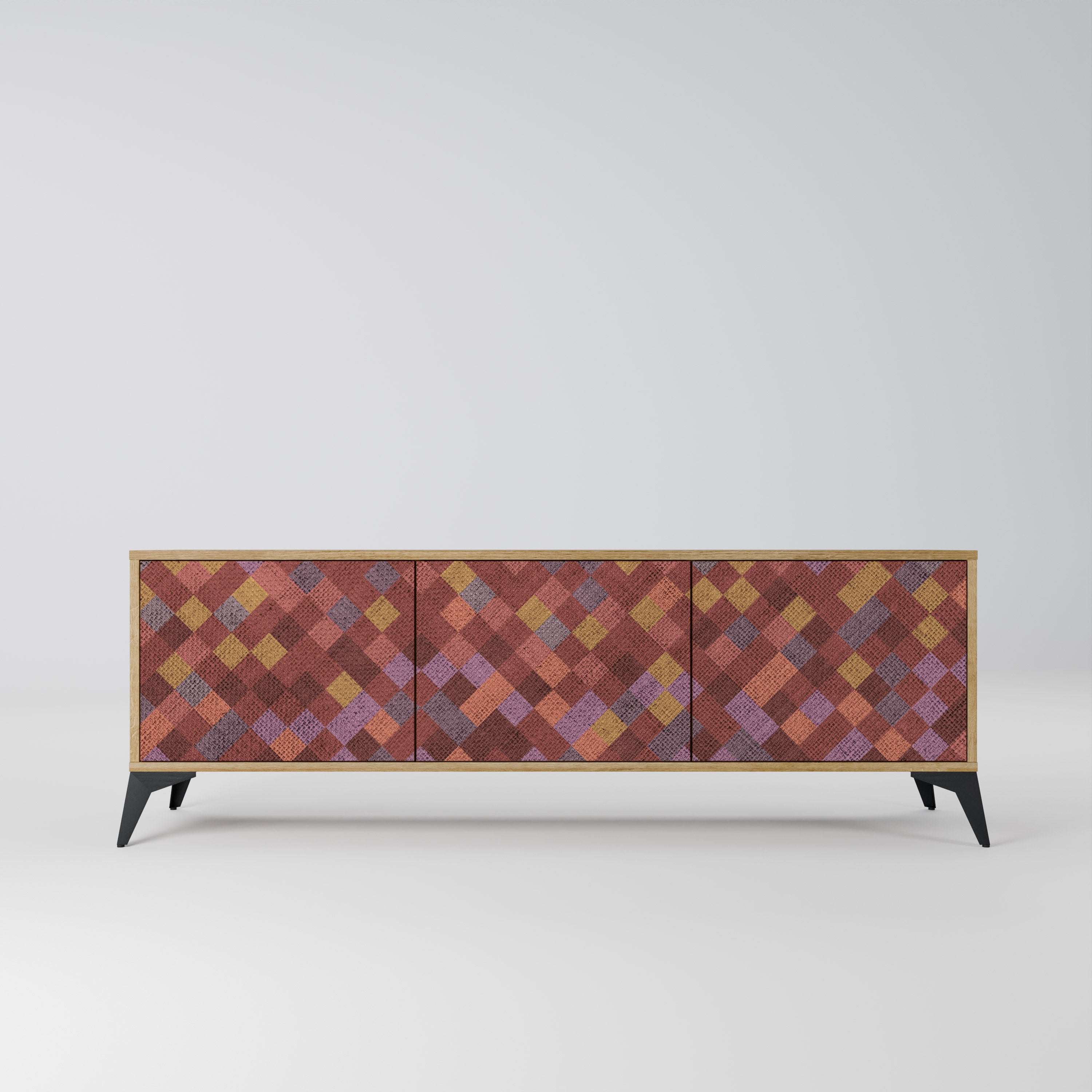 Meuble TV 3 portes PAINTED SQUARES effet chêne