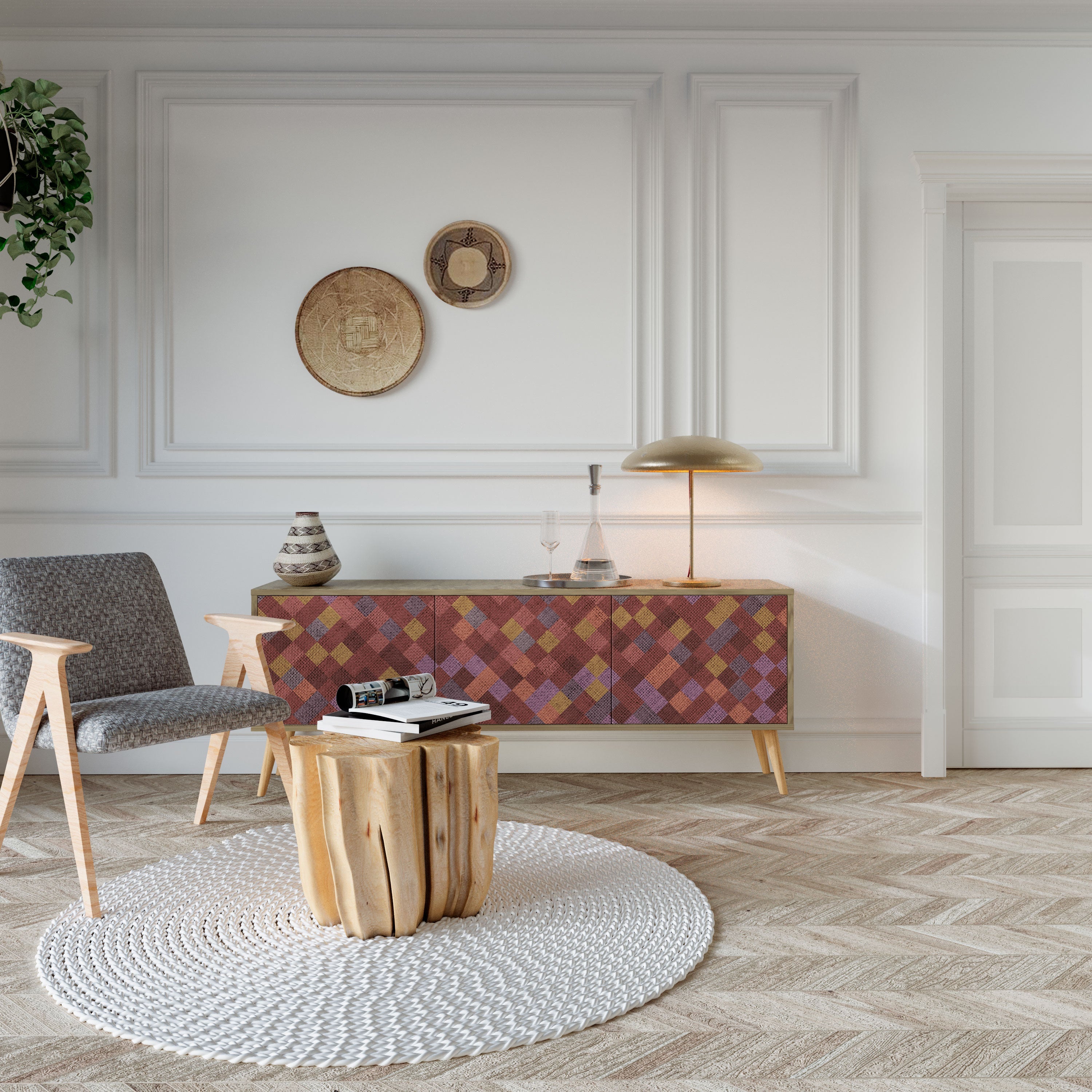 Meuble TV 3 portes PAINTED SQUARES effet chêne