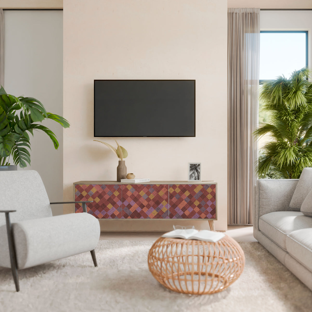 PAINTED SQUARES 3-Door TV Cabinet