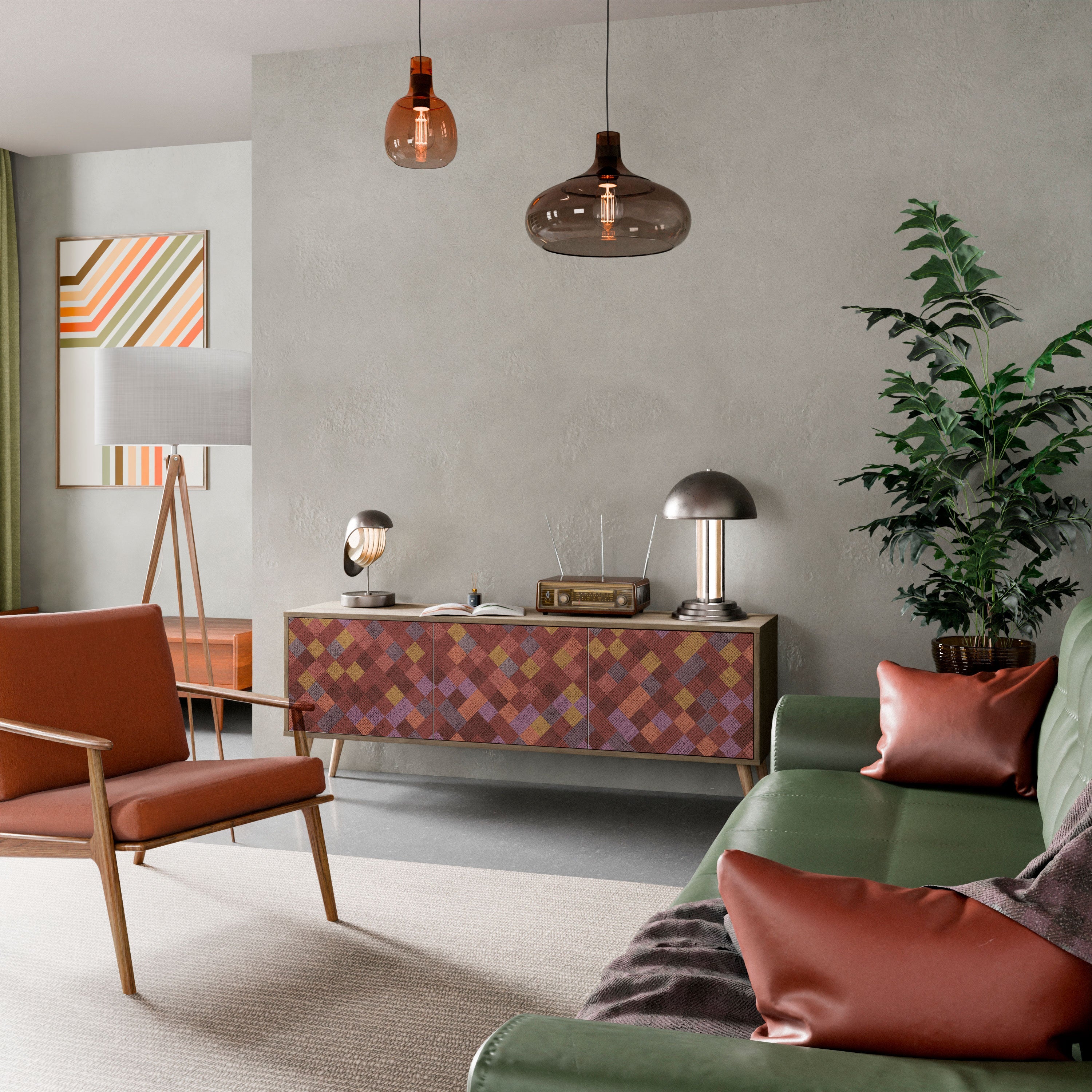 Meuble TV 3 portes PAINTED SQUARES effet chêne