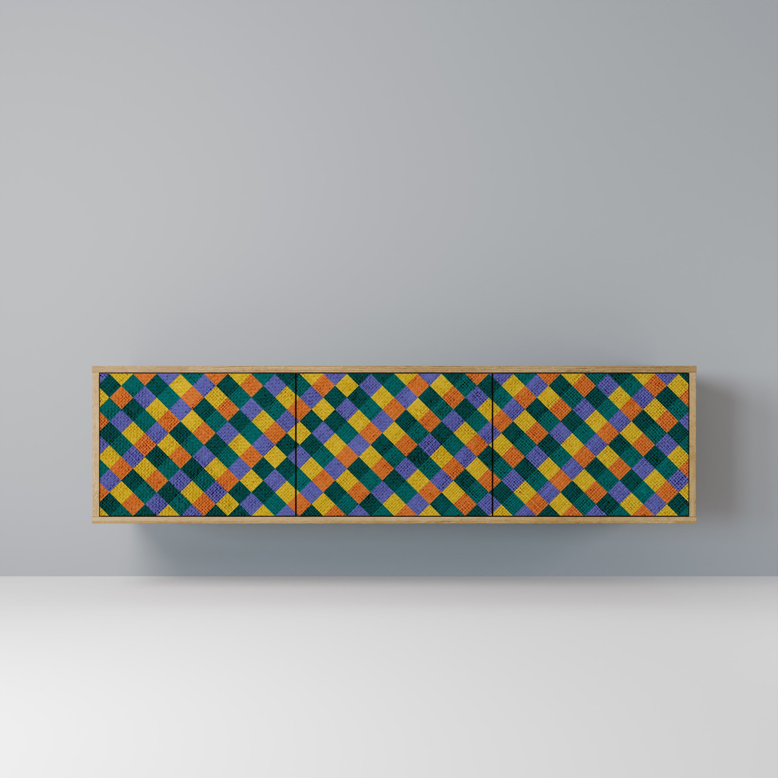 Meuble TV 3 portes PAINTED SQUARES MIX effet chêne