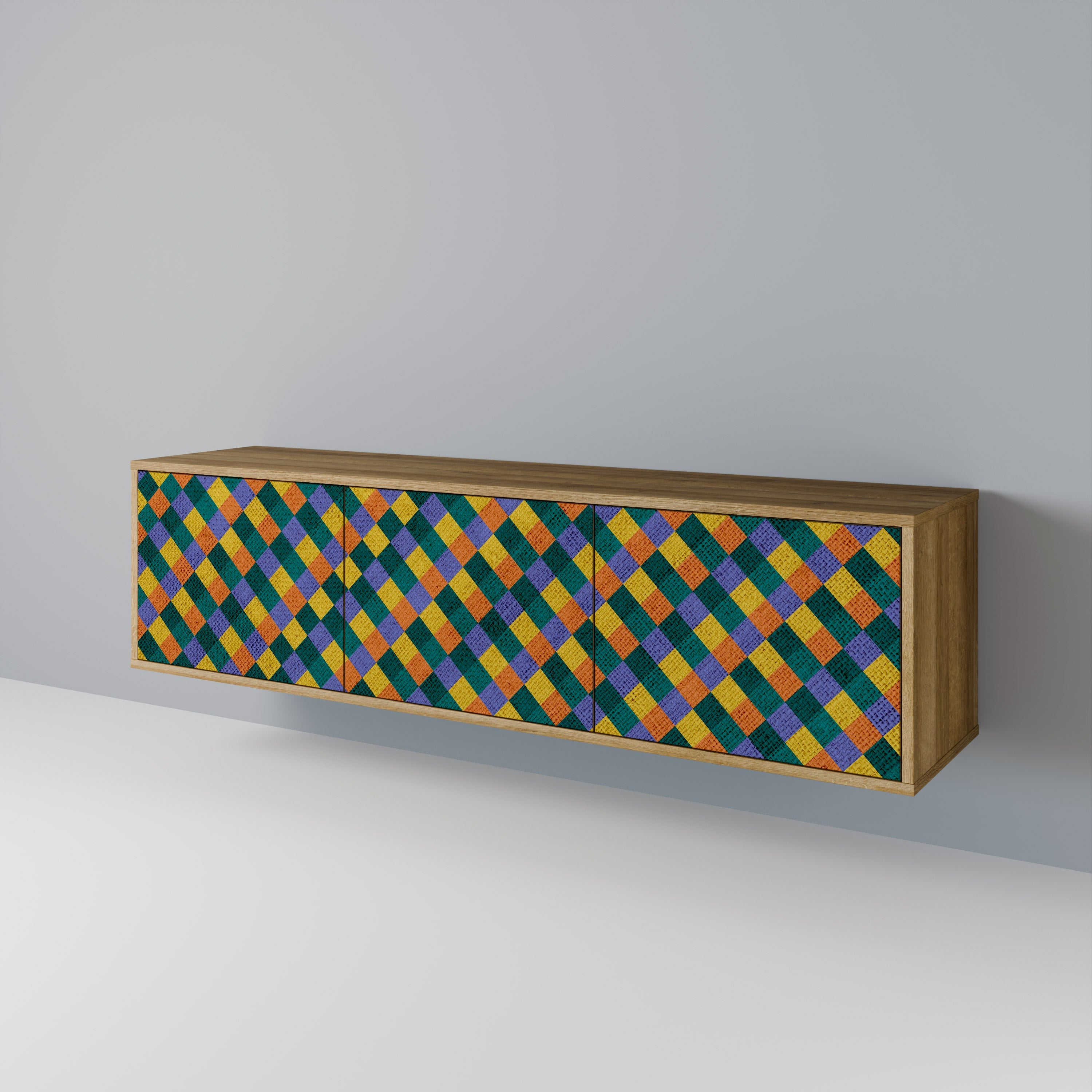 Meuble TV 3 portes PAINTED SQUARES MIX effet chêne