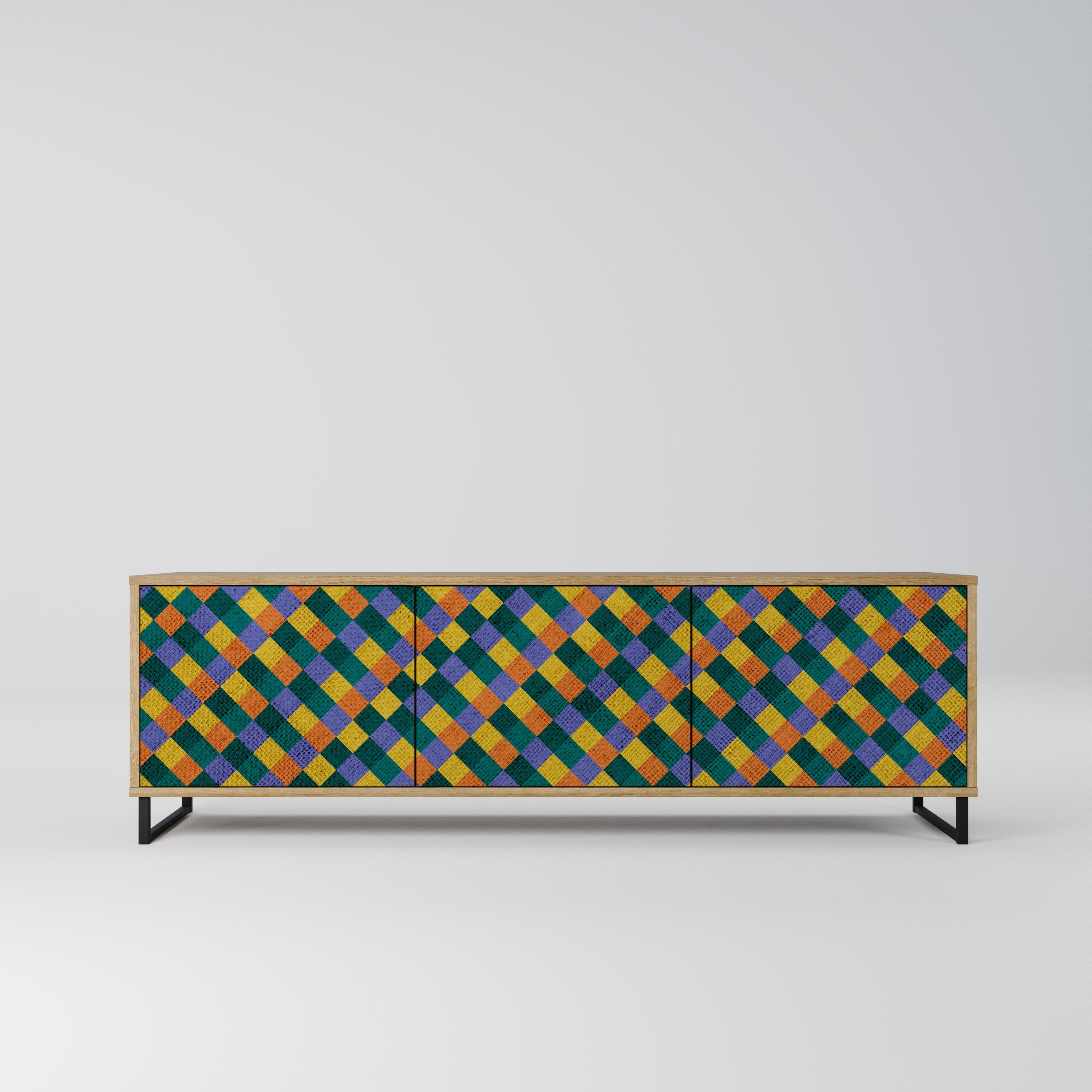 Meuble TV 3 portes PAINTED SQUARES MIX effet chêne