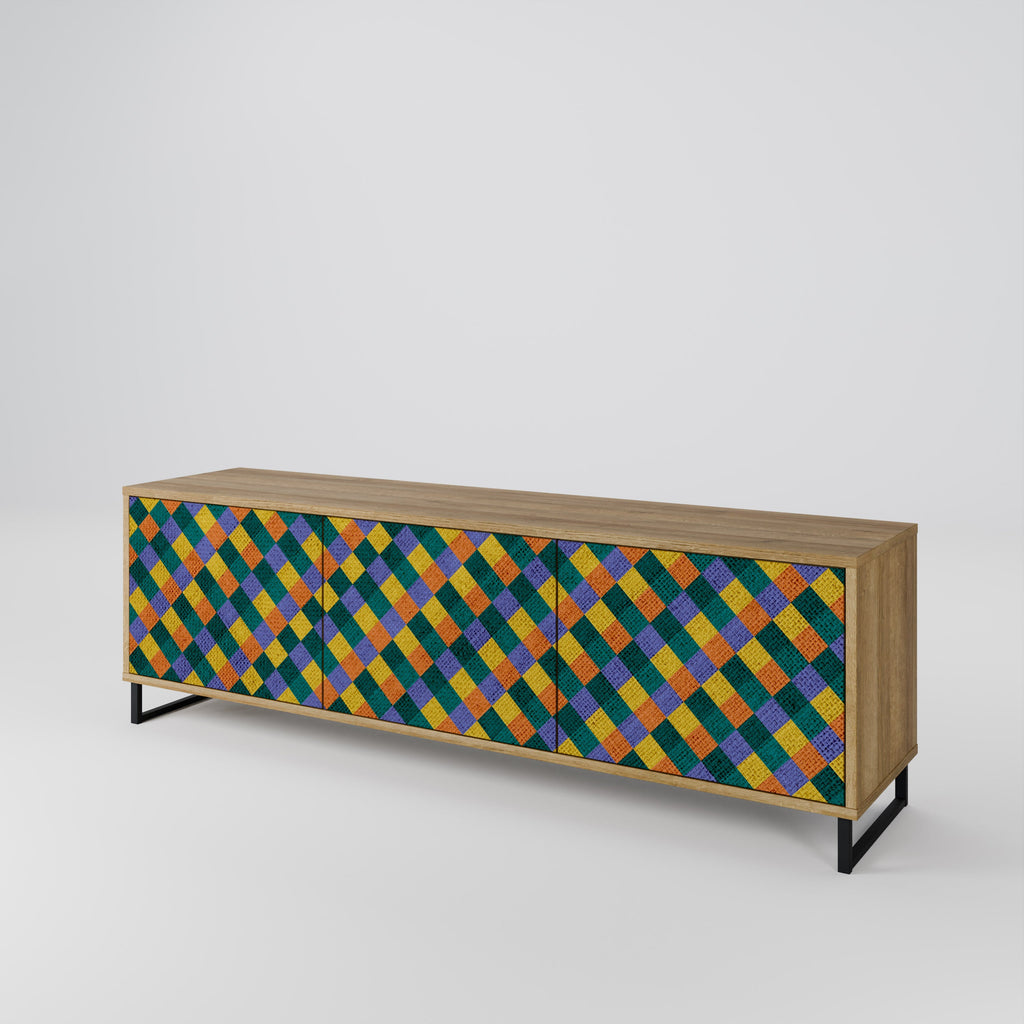 Meuble TV 3 portes PAINTED SQUARES MIX effet chêne