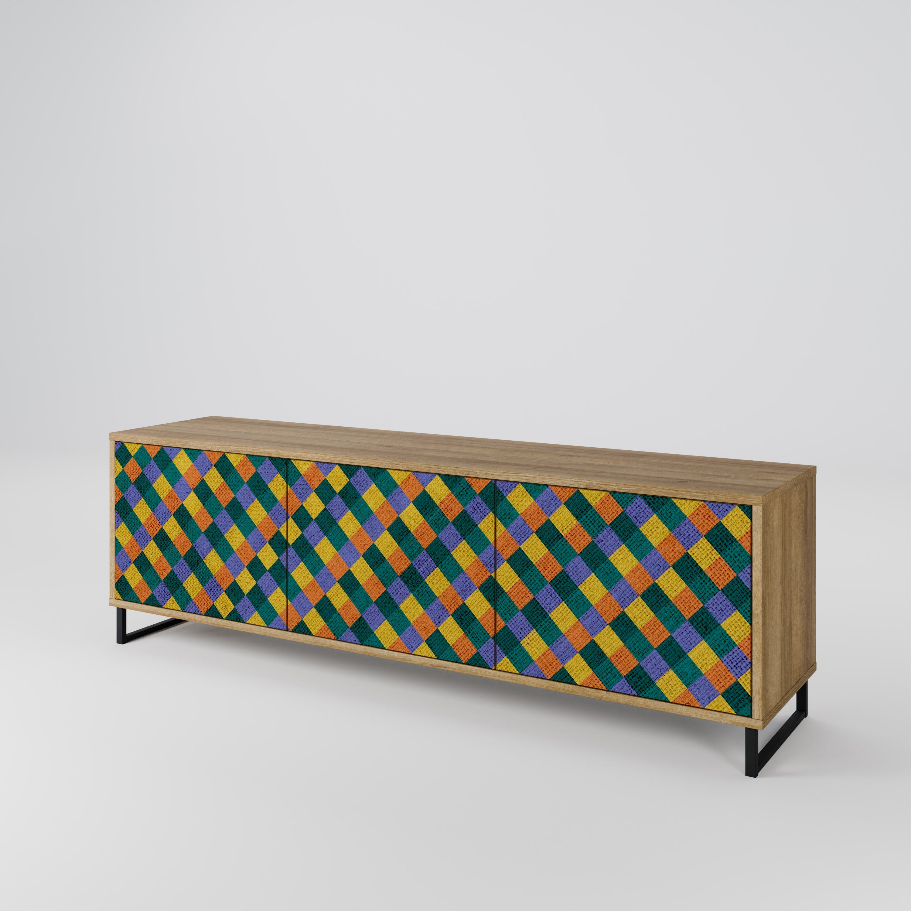 Meuble TV 3 portes PAINTED SQUARES MIX effet chêne