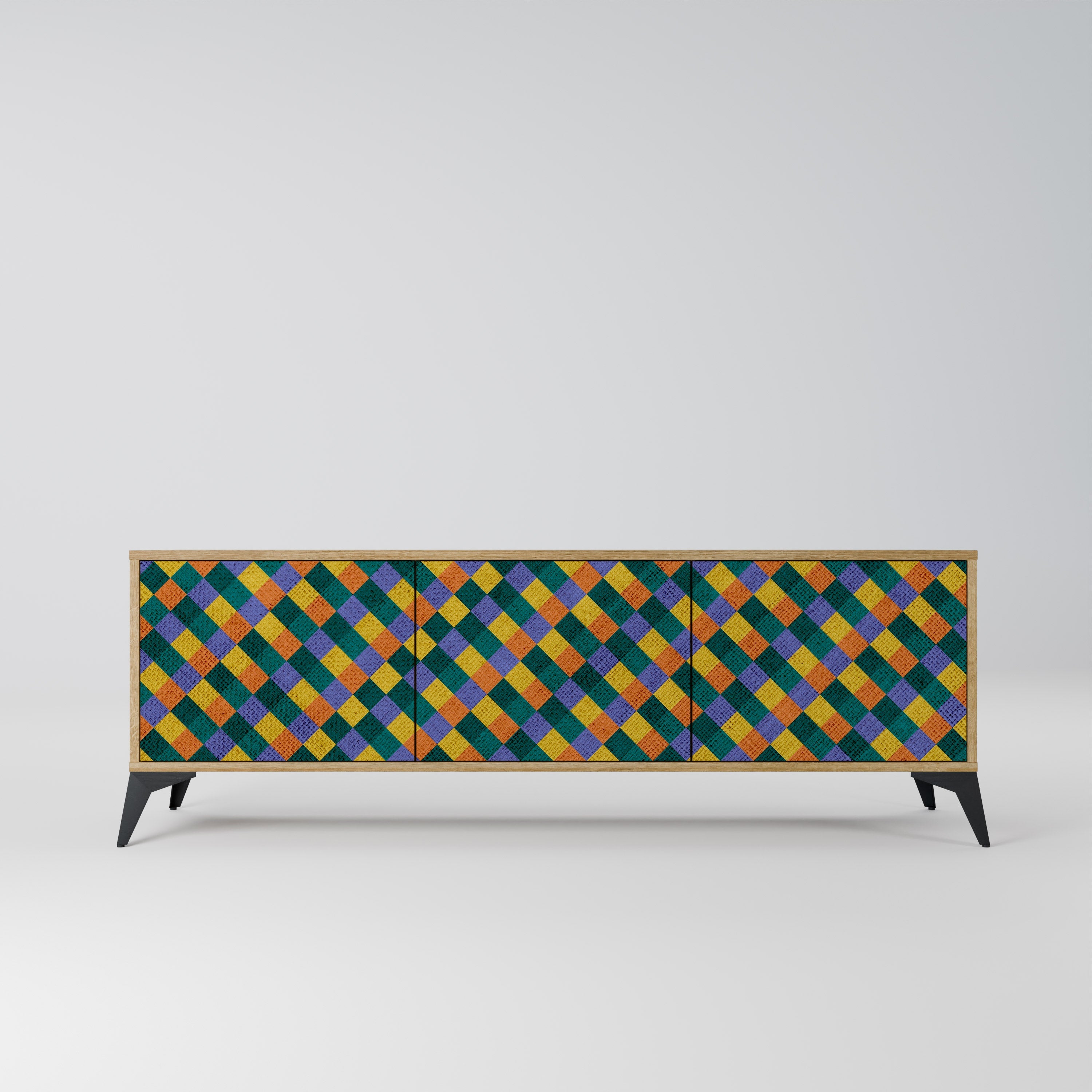 Meuble TV 3 portes PAINTED SQUARES MIX effet chêne