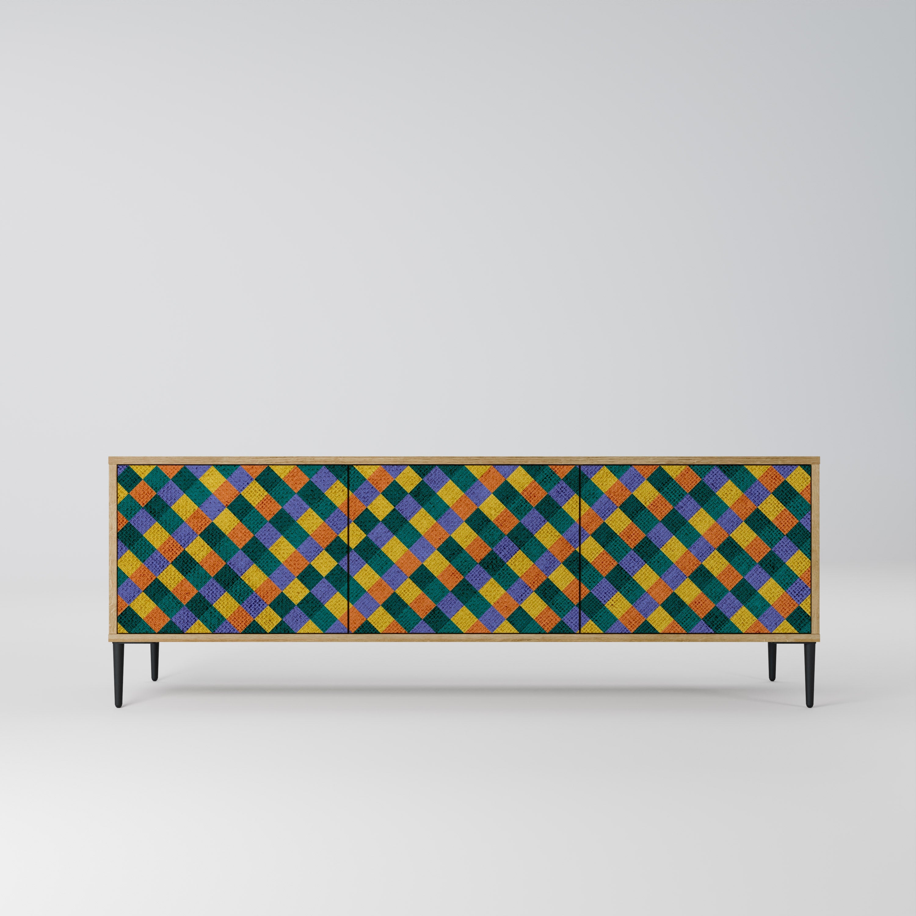 Meuble TV 3 portes PAINTED SQUARES MIX effet chêne