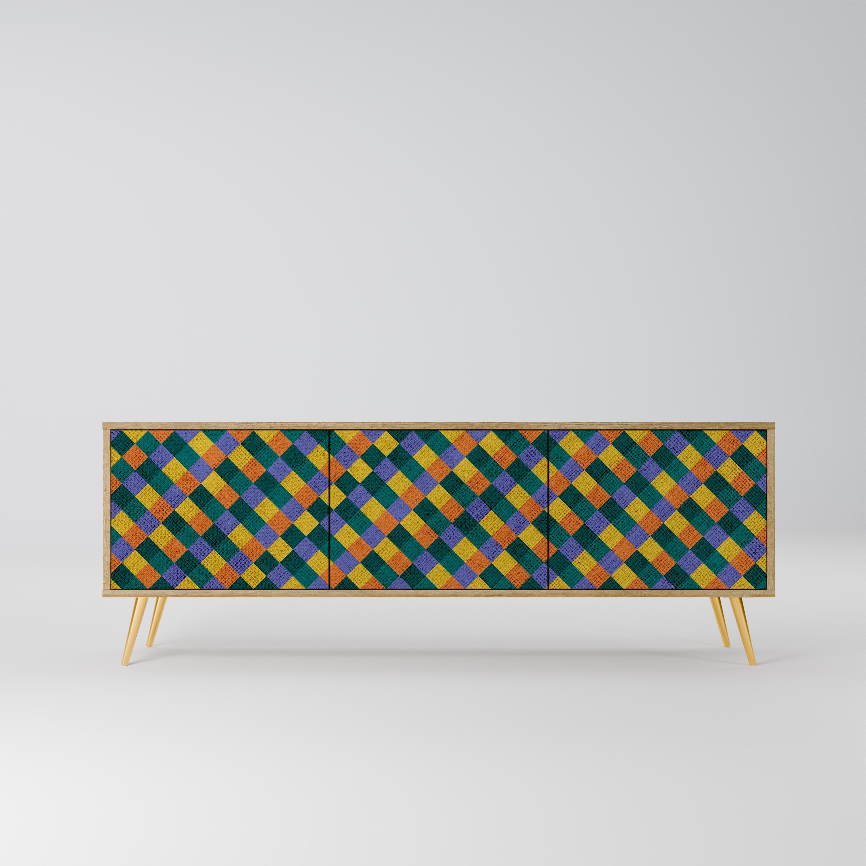 Meuble TV 3 portes PAINTED SQUARES MIX effet chêne